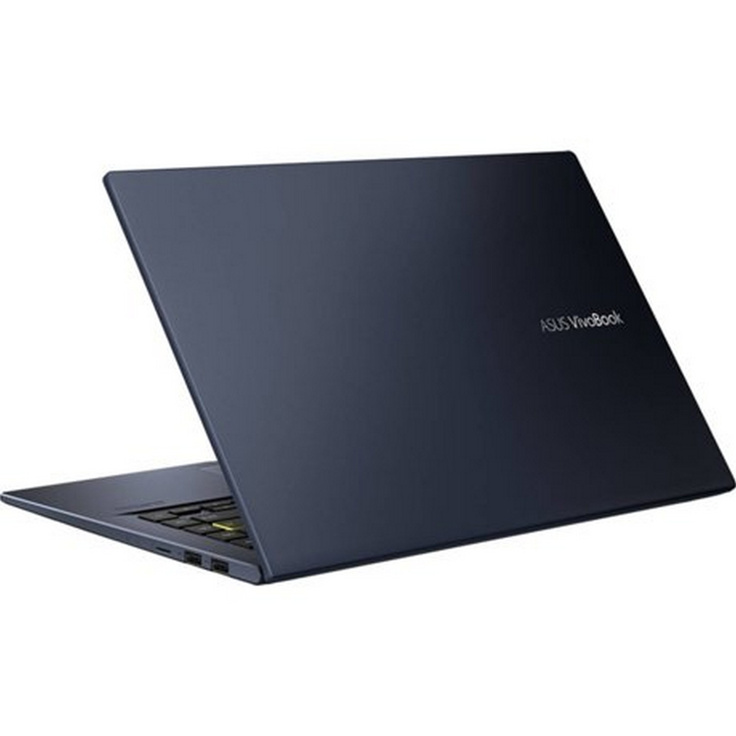Portátil ASUS Vivobook azul marino, visto desde atrás. La pantalla está cerrada.
