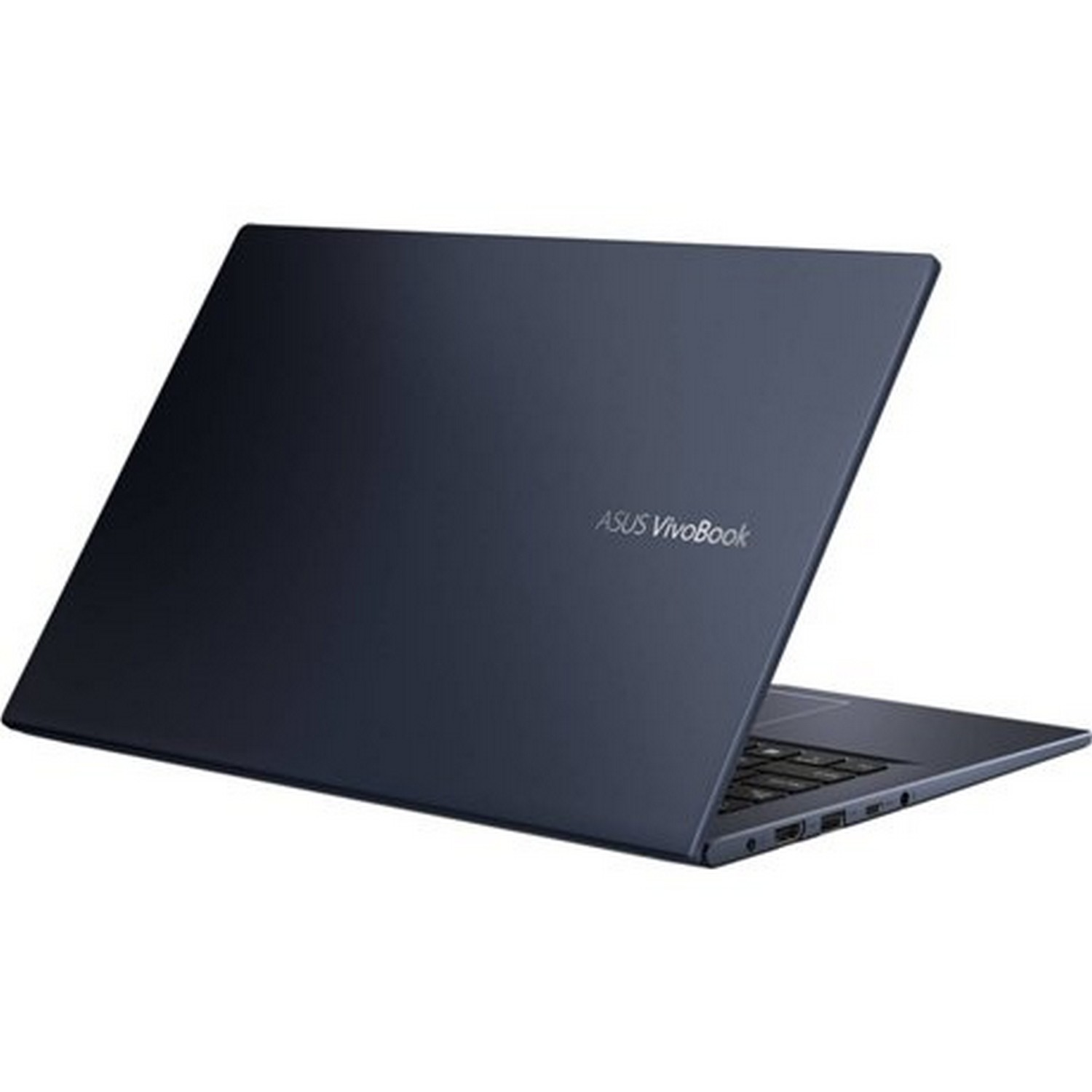 Laptop ASUS Vivobook azul marino, cerrado y en ángulo, mostrando el logo ASUS Vivobook.