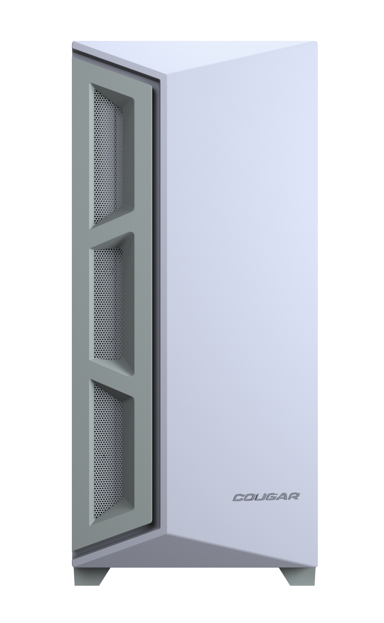 Ein weißes PC-Gehäuse mit einem Mesh-Seitenpanel und dem Cougar-Logo.
