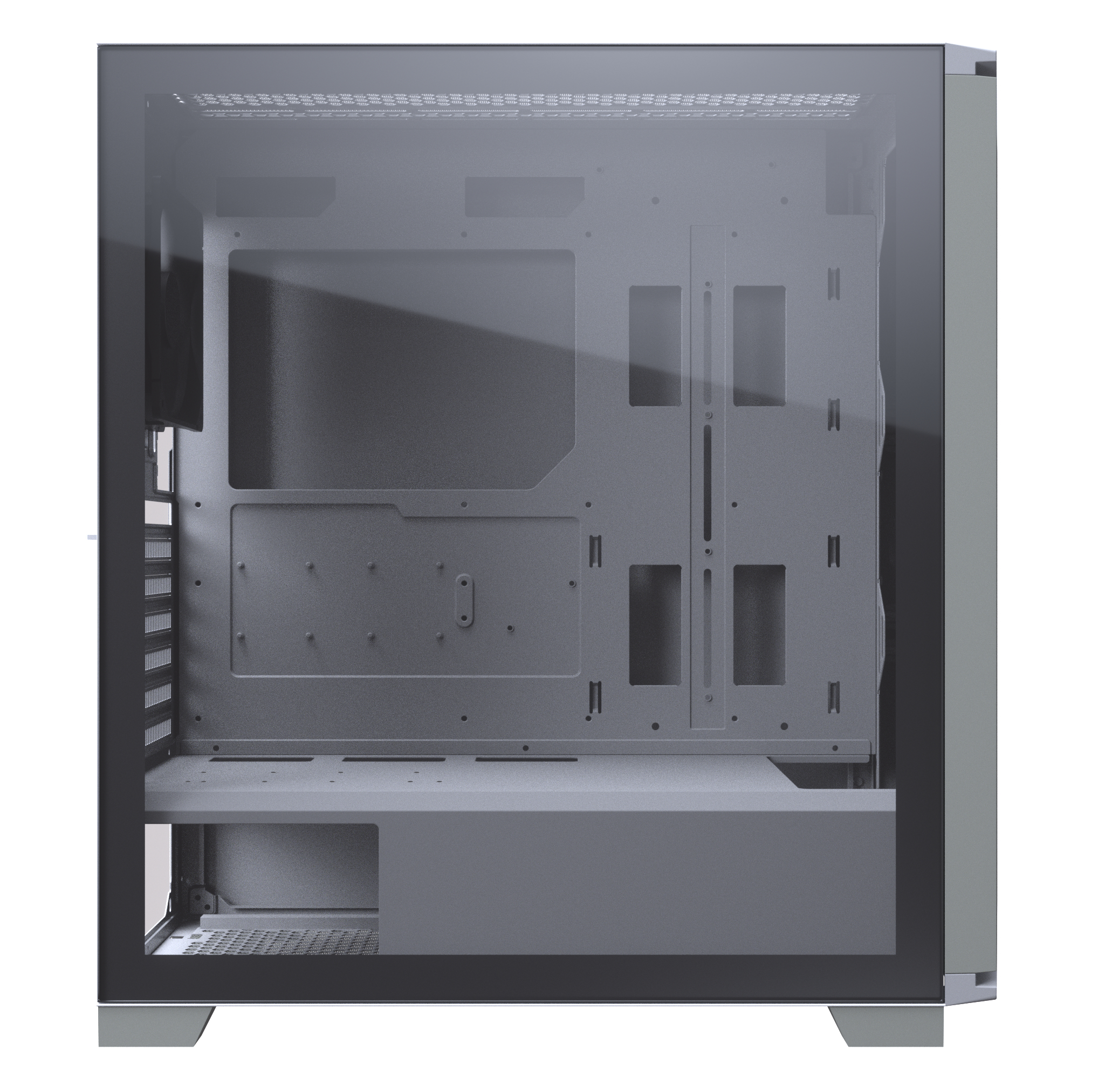 Ein Computergehäuse, das die inneren Komponenten zeigt. Es besteht aus Glas und Metall.