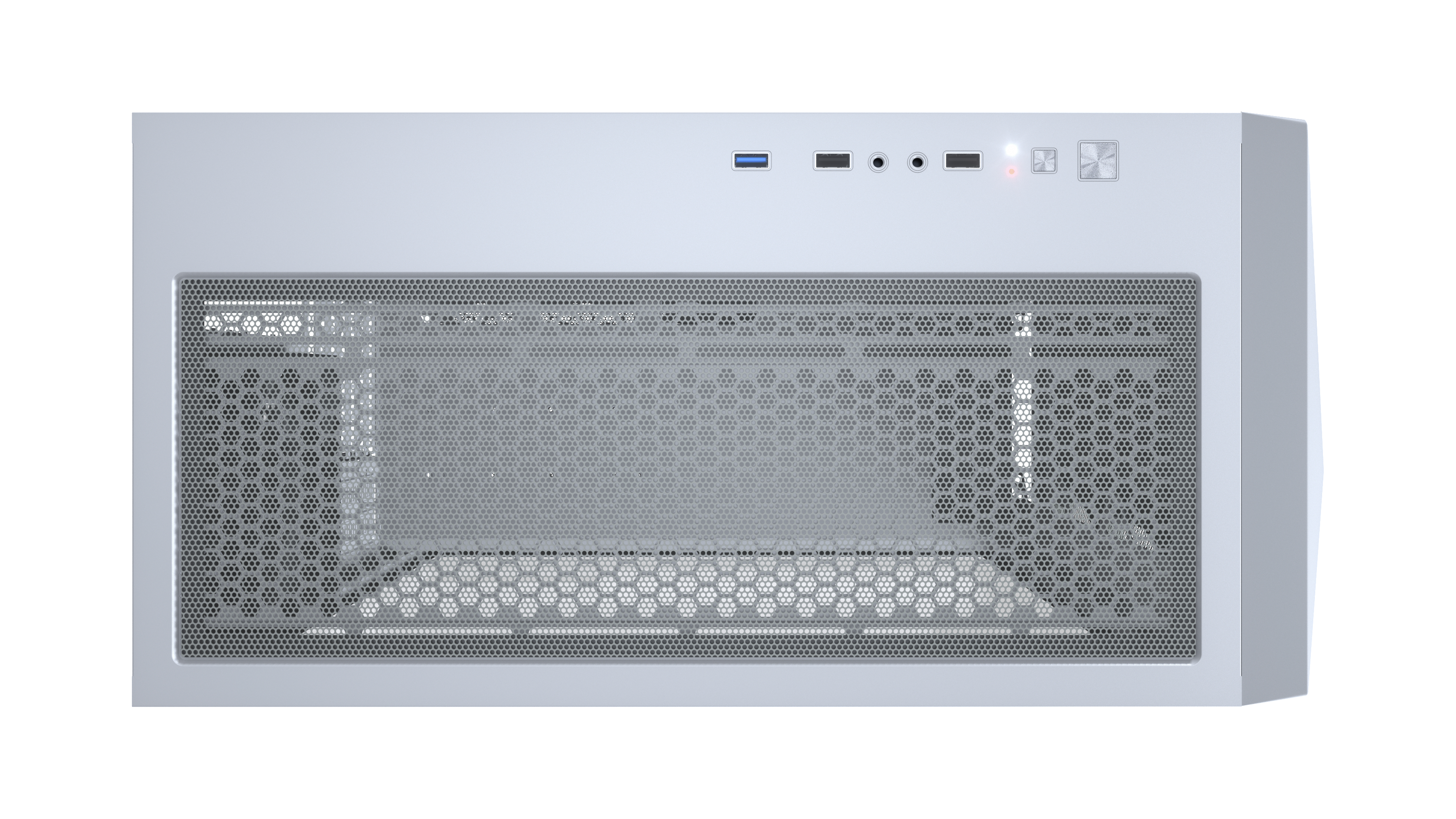 Weißes Computergehäuse. Die Vorderseite hat ein Mesh-Panel und Anschlüsse.