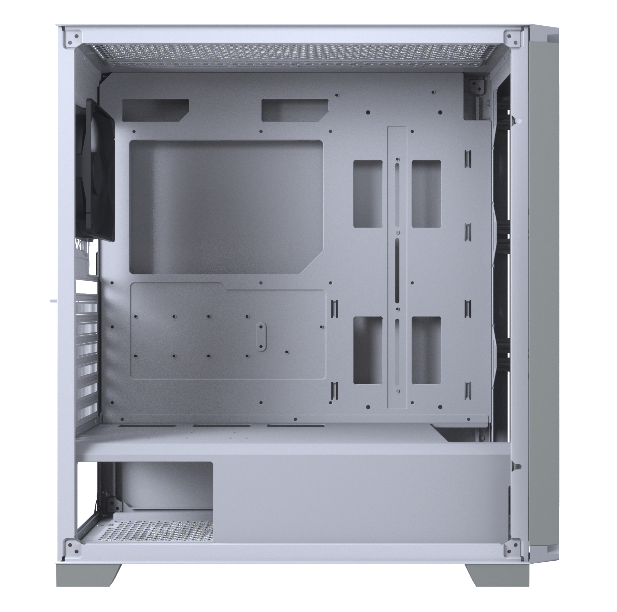 Ein leerer weißer Computergehäuse-Innenraum. Sichtbar sind der Motherboard-Bereich und der untere Abschnitt.