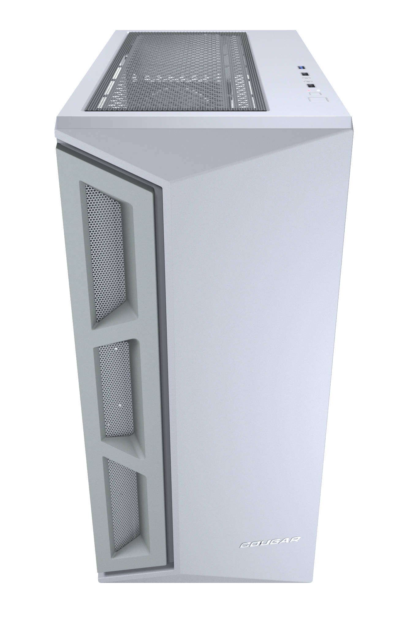 Weißes Computergehäuse mit Mesh-Einsätzen. Draufsicht, weißer Hintergrund.
