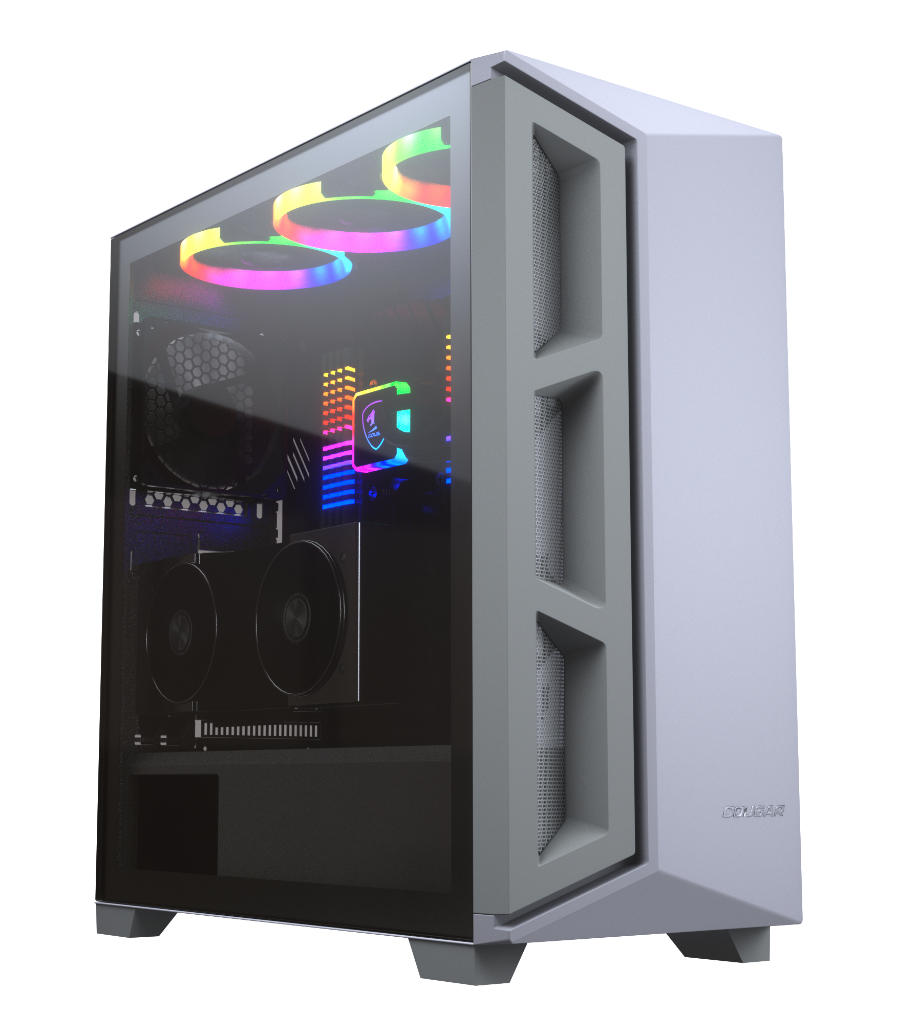 Ein Computergehäuse mit Glasseitenwand, das interne Komponenten zeigt. RGB-Lichter sind sichtbar.