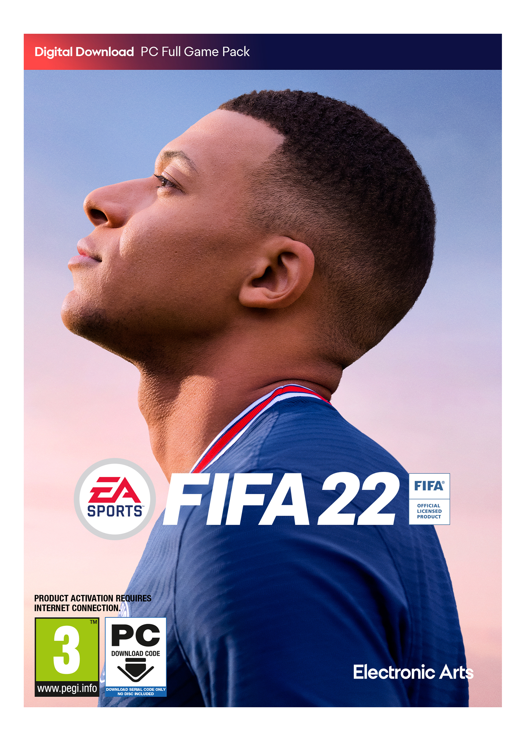 FIFA 22-Spielcover: Mann blickt nach oben, Logo und Spieldetails.