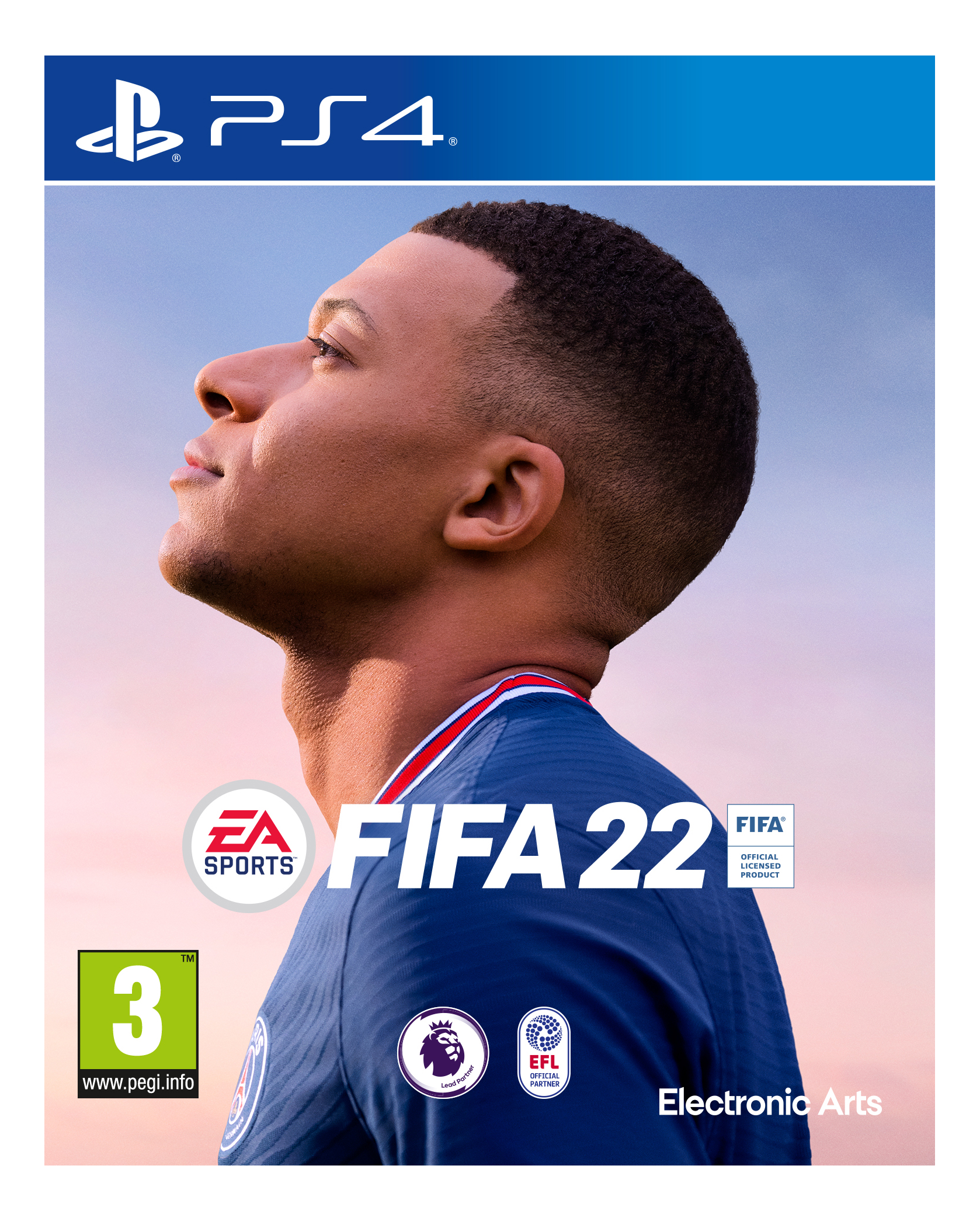 FIFA 22 Spielcover. Ein Mann schaut nach oben, mit den Logos von EA Sports und FIFA.