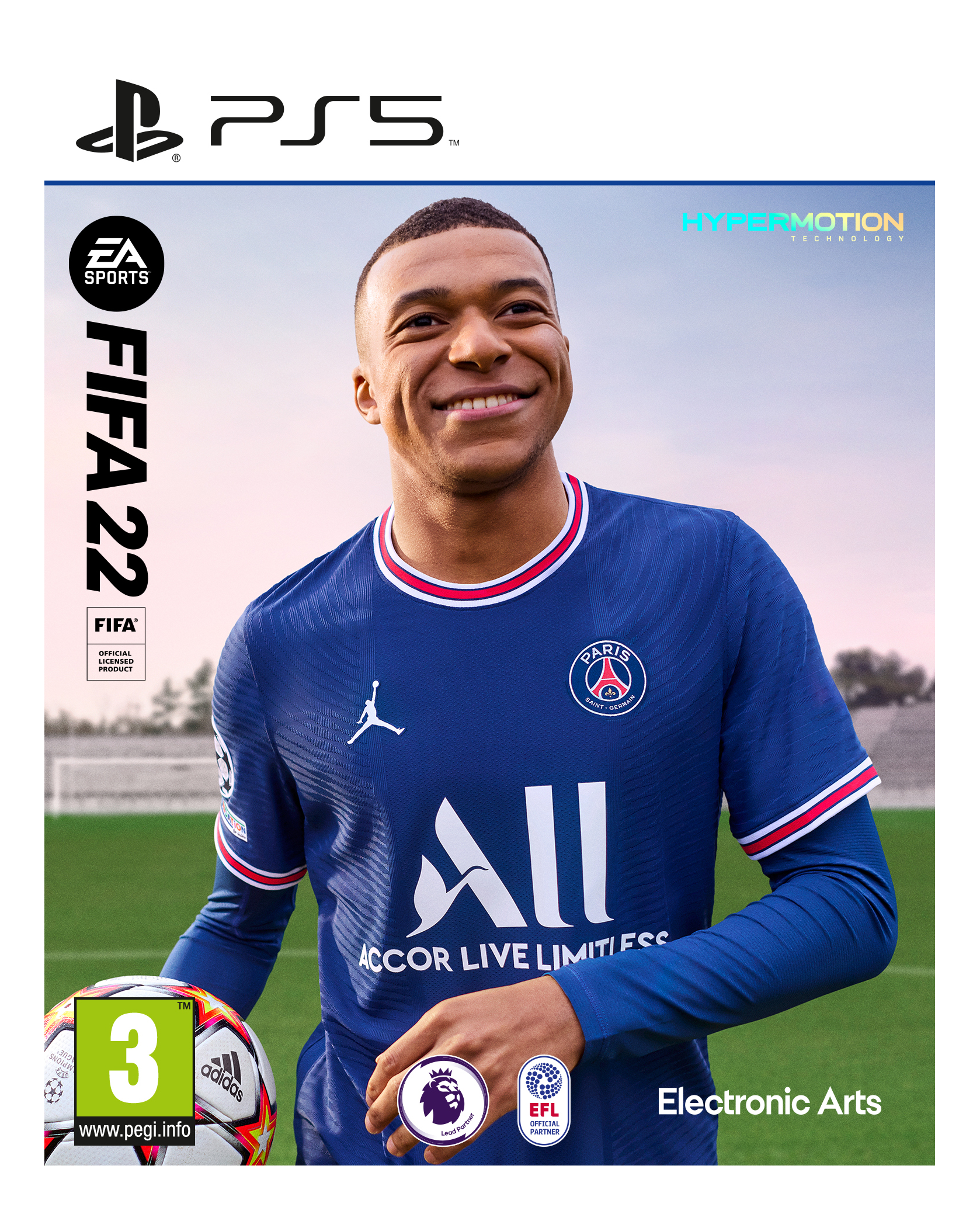 FIFA 22 Spielcover: Mbappe lächelt, trägt ein blaues Trikot. Fussball davor. Weisser Hintergrund.