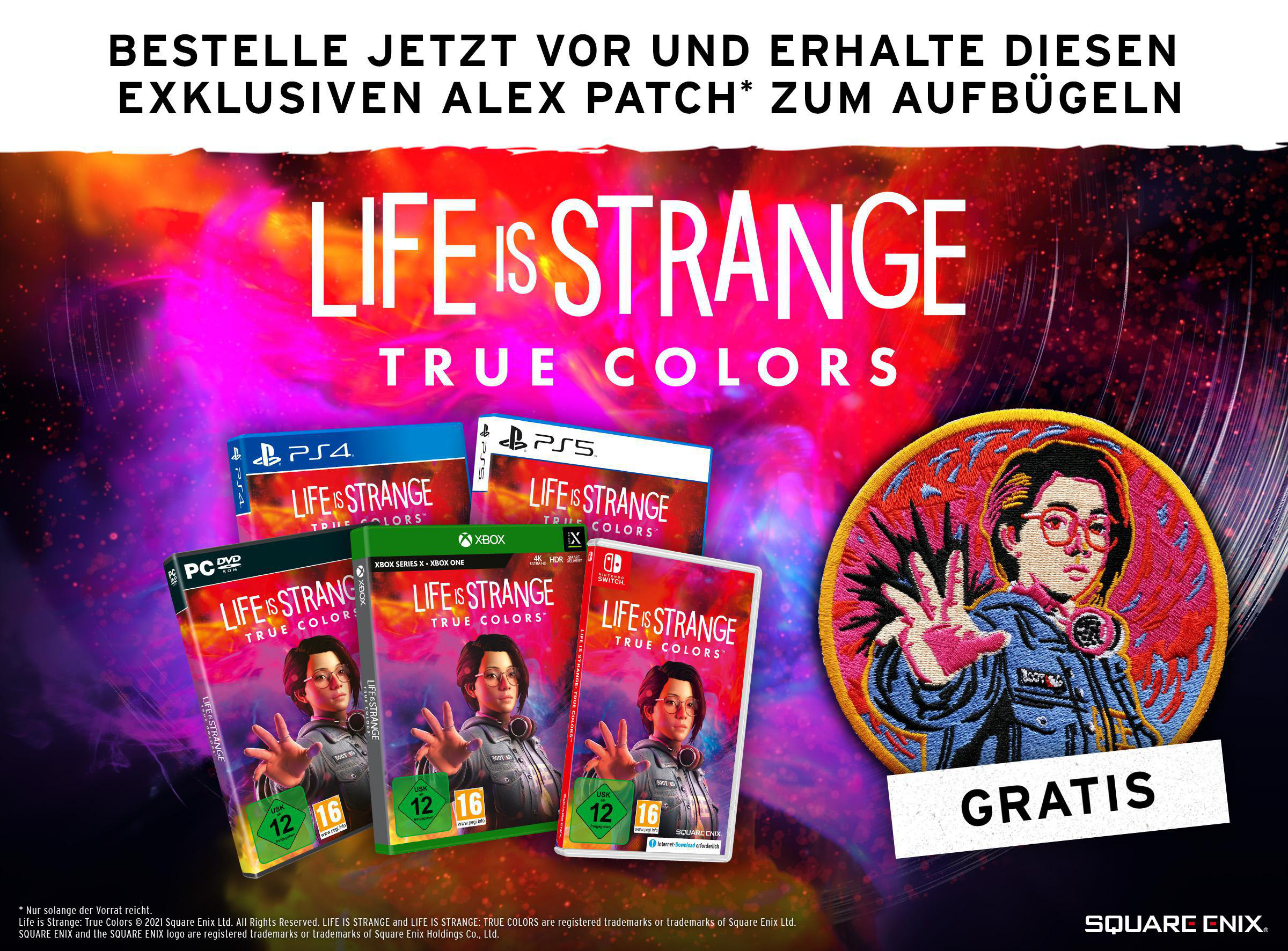 Werbebild: Spielboxen und Alex-Patch mit Text.