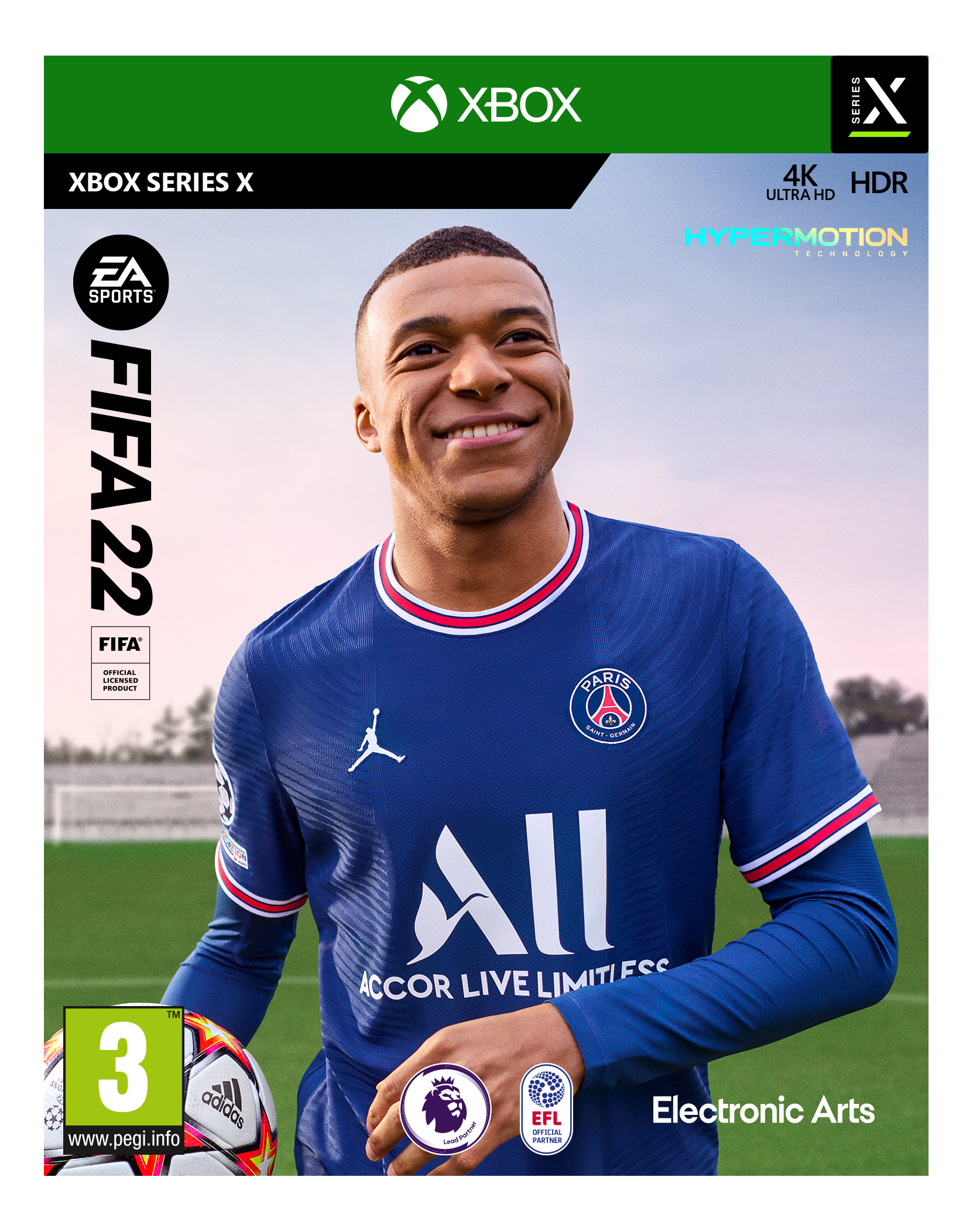 FIFA 22 Xbox-Spielcover mit Fußballspieler. Das Xbox-Logo befindet sich oben links.