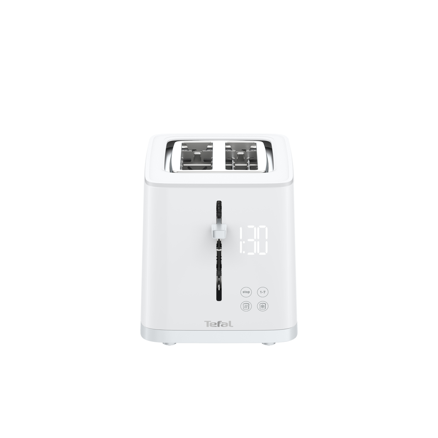 White toaster with digital display showing 1:30. Two slots and control buttons.