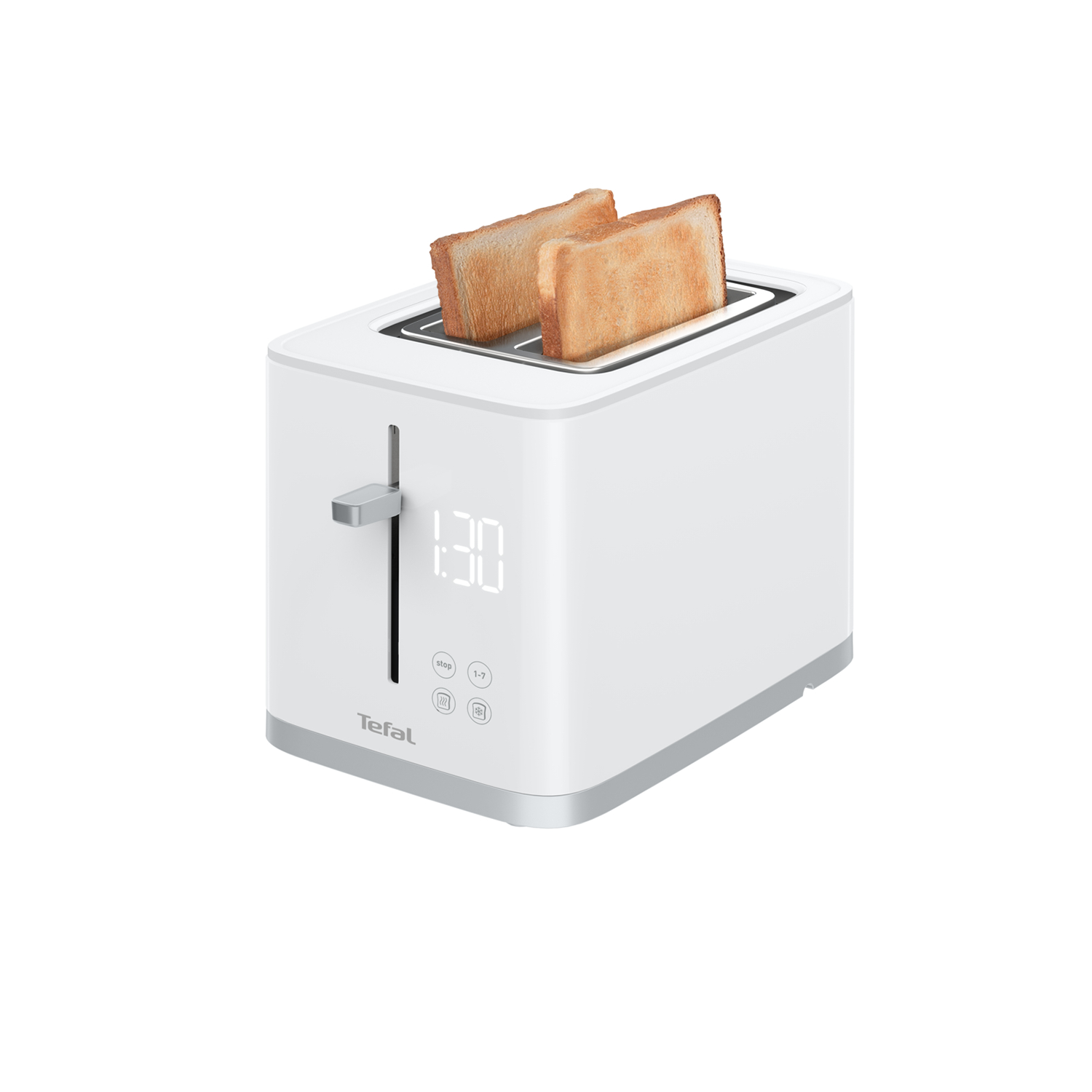 White Tefal toaster with two slices of toasted bread. Digital display shows 1:30.