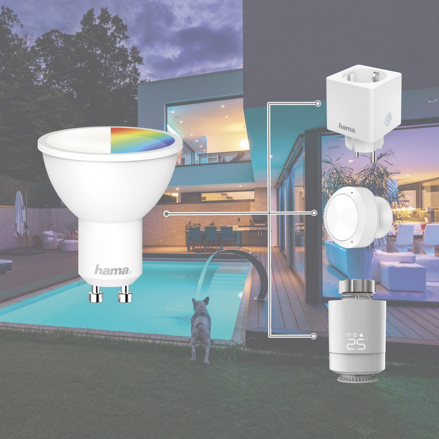 Una configuración de hogar inteligente con una bombilla, un enchufe y un termostato, junto a una piscina.