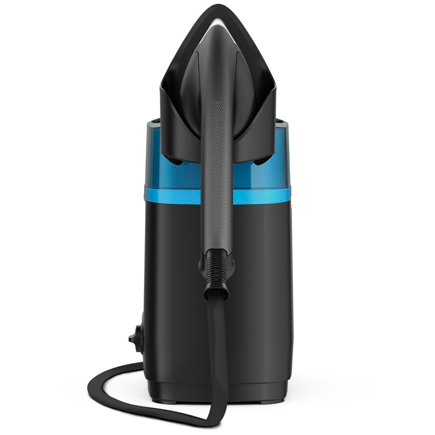 Zwart en blauw stoomstrijkijzer. Het heeft een handvat, slang en netsnoer. Een watertank zit achterin.