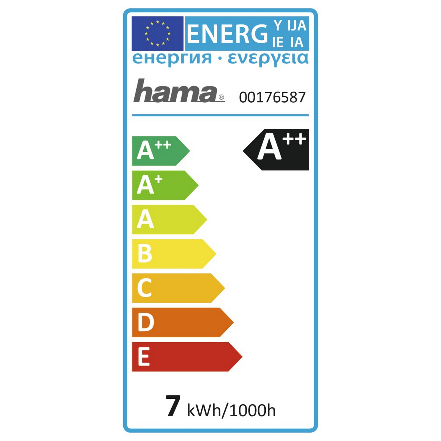Una etiqueta de energía con el logotipo de Hama y texto sobre eficiencia energética.