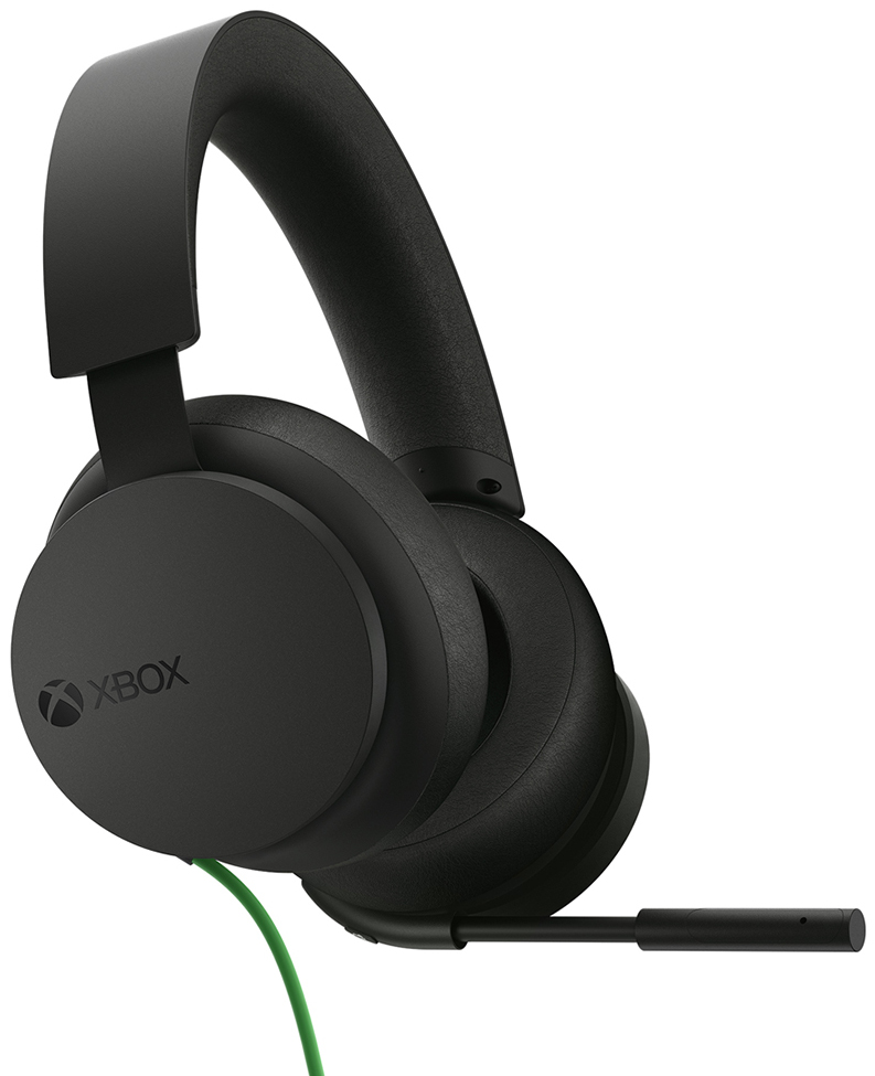 Black Xbox headset with a microphone, green cable, isolated on white background.