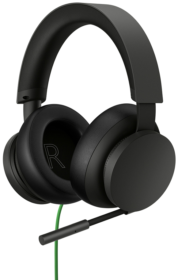 Black headphones with a microphone and a green cable, white background.