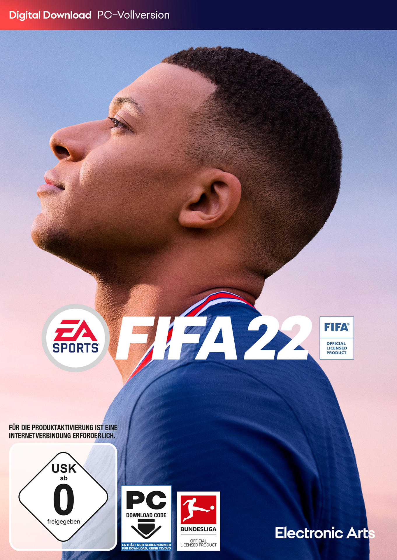 Spielcover für FIFA 22 mit einem Mann, der nach oben blickt, EA Sports Logo und FIFA Logo.