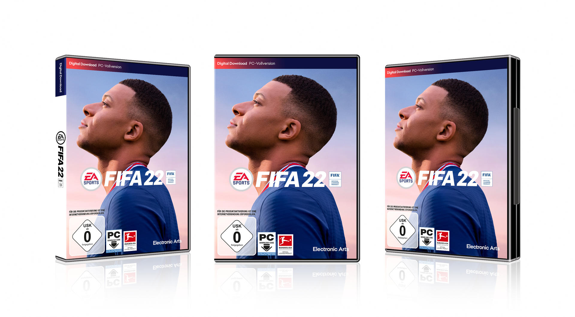 Drei FIFA 22 Spielboxen. Mbappe-Bild auf der Vorderseite. Weißer Hintergrund. PC-Download-Version.