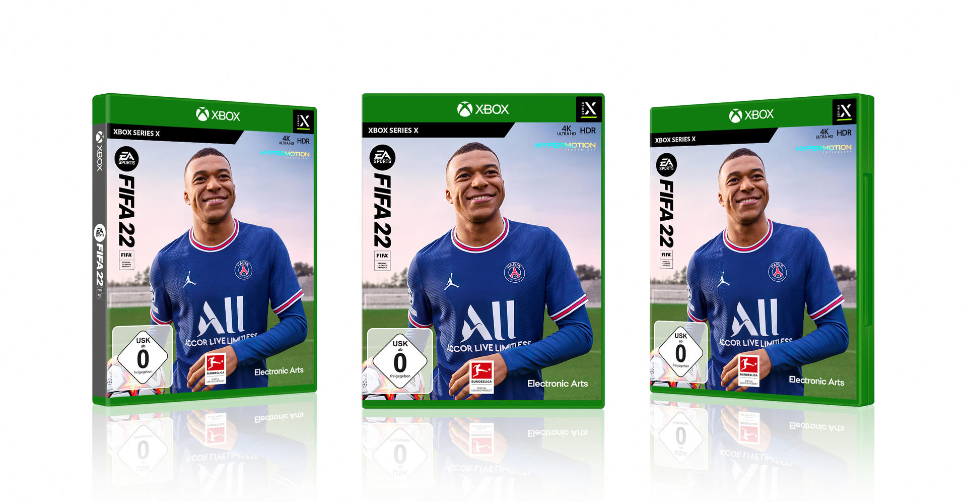 Drei Xbox-Spielhüllen von FIFA 22 mit Kylian Mbappé auf dem Cover. Sie sind grün mit weißem Text.