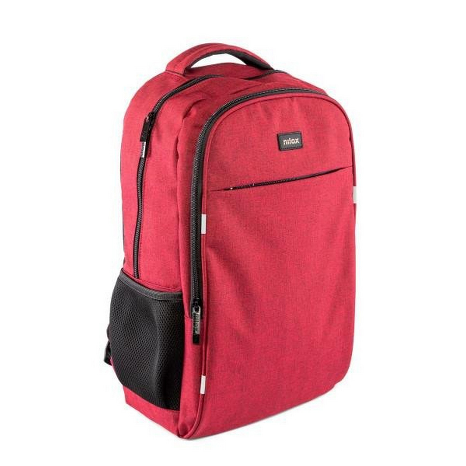 Mochila roja con bolsillo lateral y cremallera negros, sobre fondo blanco. Es una bolsa de la marca Nilox.