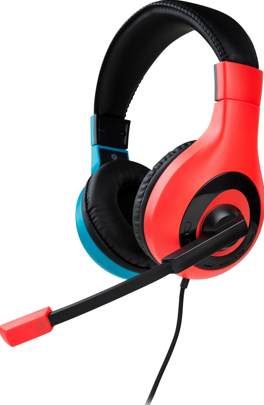Rotes und blaues Gaming-Headset mit Mikrofon und schwarzem Kabel.