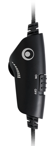 Schwarze Headset-Steuerung mit Lautstärkerad und Ein/Aus-Schalter, weißer Hintergrund.