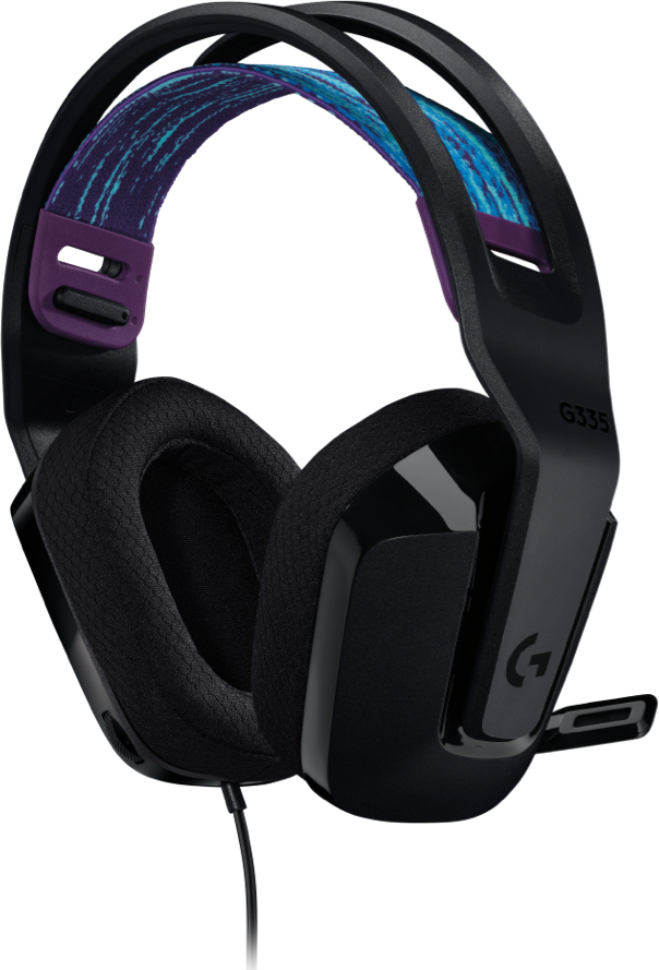 Fekete gamer fejhallgató kék és lila mintás fejpánttal.