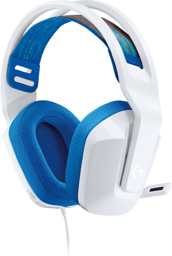Fehér-kék gamer headset. Fehér fülkagylók, kék párnázás, kék-narancs fejpántok. Fekete mikrofon.