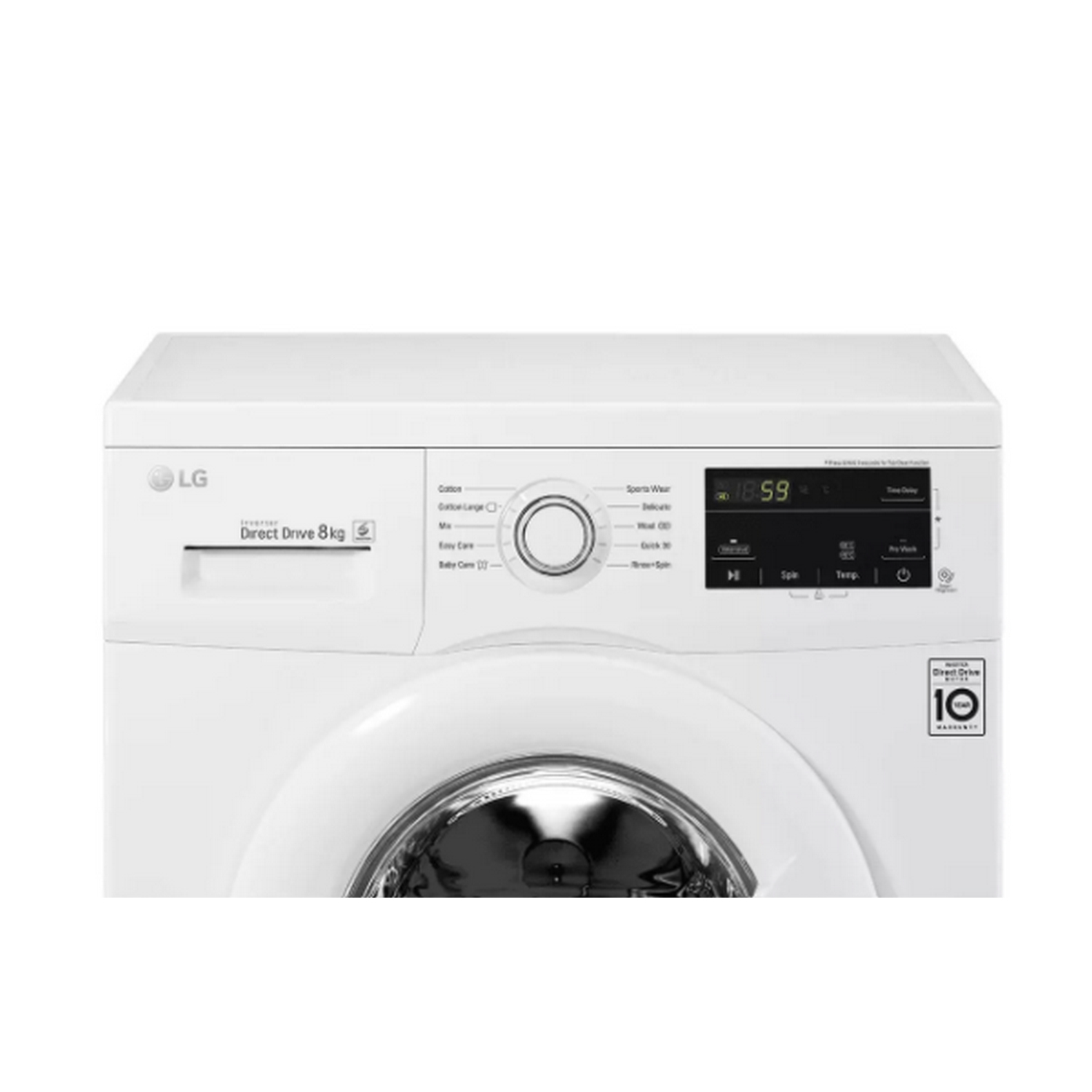 Parte frontal blanca de una lavadora con panel de control, dial y pantalla. Puerta plateada.