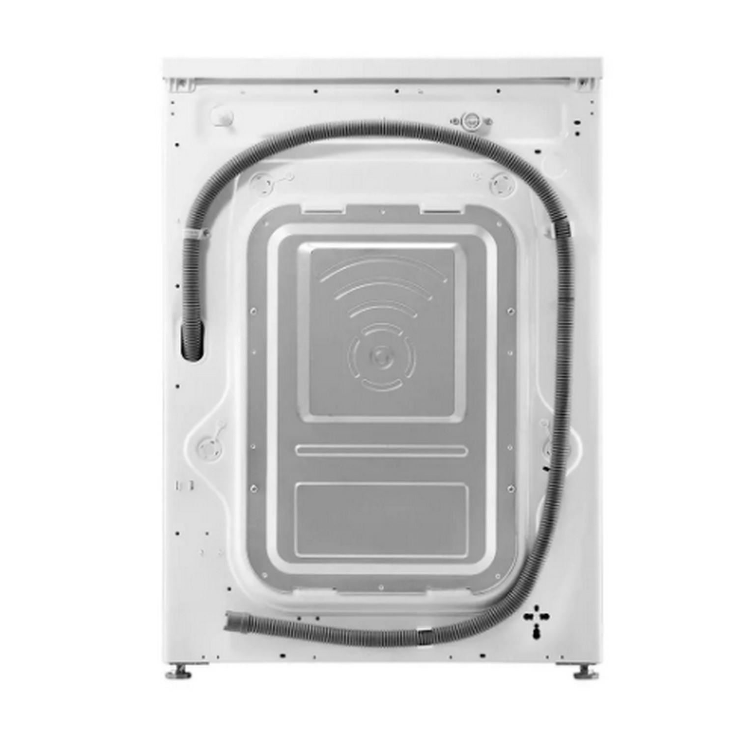 Parte trasera de lavadora blanca con manguera conectada.