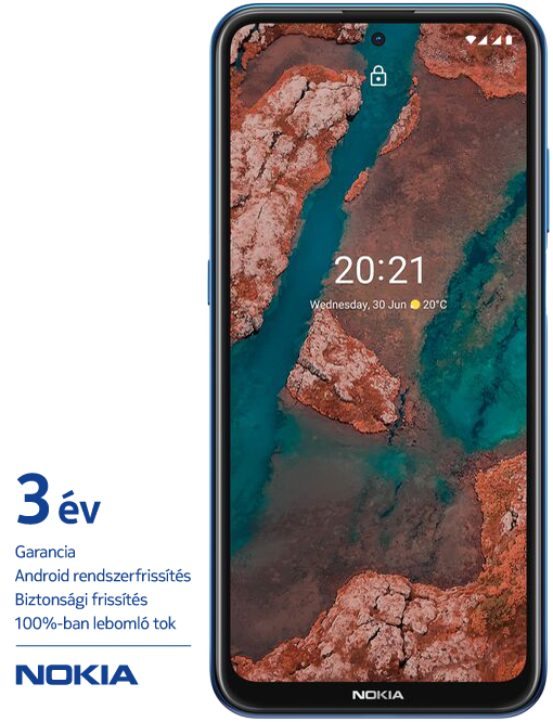 Nokia okostelefon kék kerettel, színes képernyővel és szöveggel.