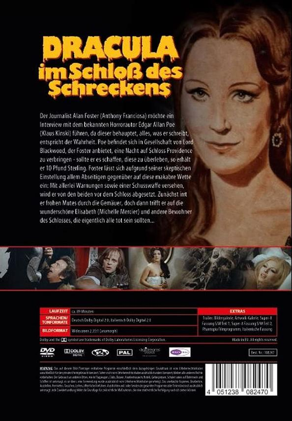 DVD-Cover. Frau mit rotem Lippenstift, Titel 'Dracula'. Text auf Deutsch, Hintergrund mit Filmbildern.