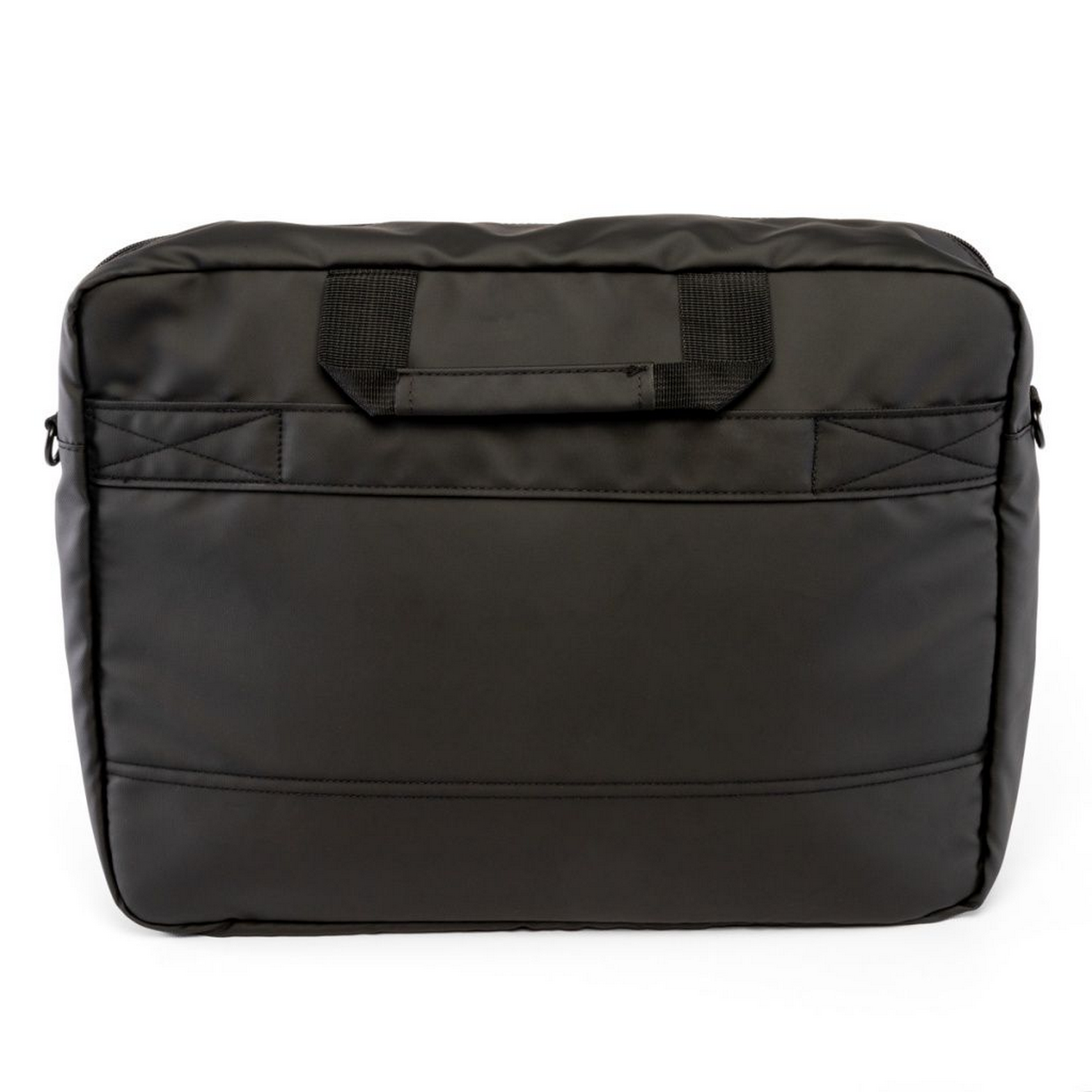 Bolso negro rectangular para portátil con asas y bandolera, sobre un fondo blanco.
