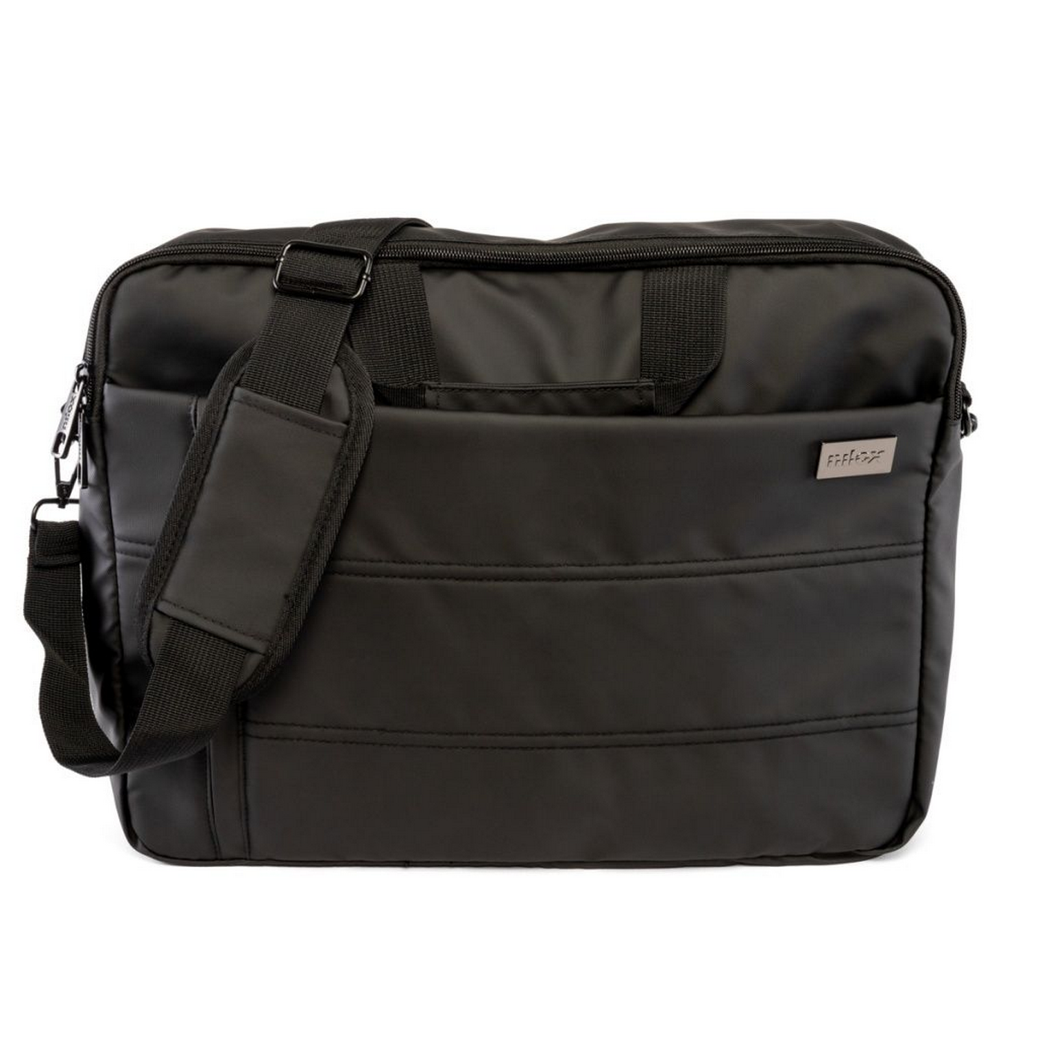 Bolso negro para portátil con correa para el hombro, asa y logo en la parte delantera.