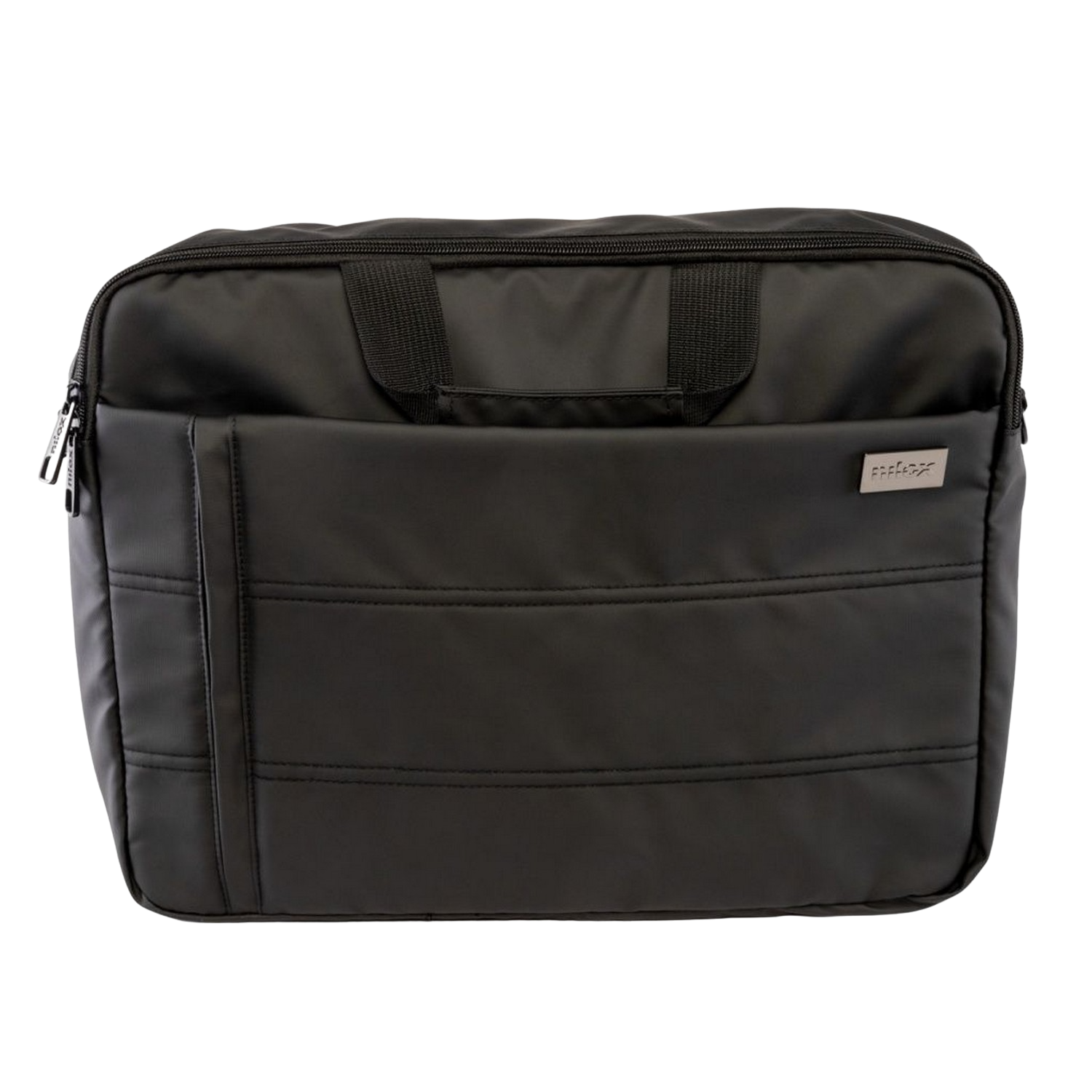 Bolsa negra para portátil con asa y bolsillo frontal. Se ve un pequeño logotipo metálico.
