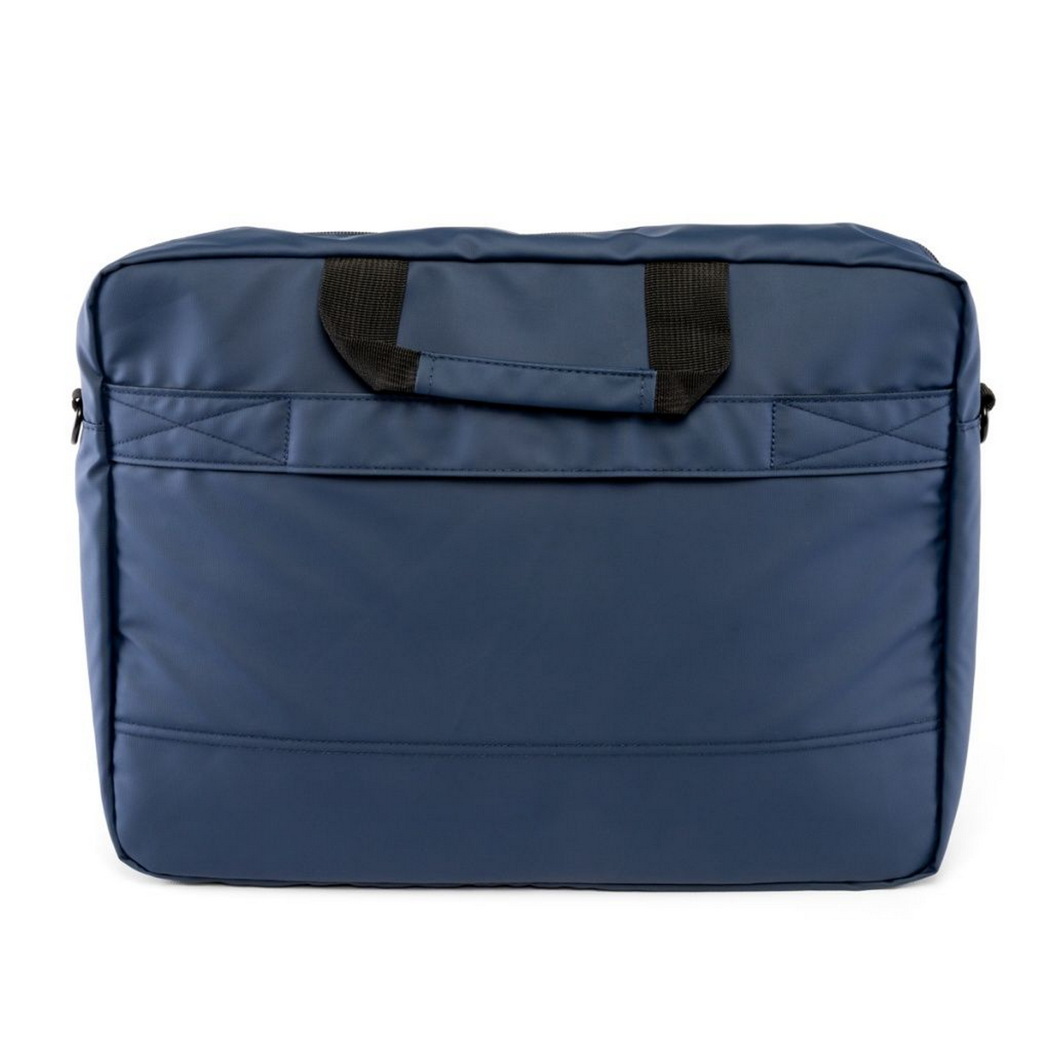 Bolsa para portátil azul marino con asas negras. Tiene una solapa frontal y una fijación para correa de hombro.