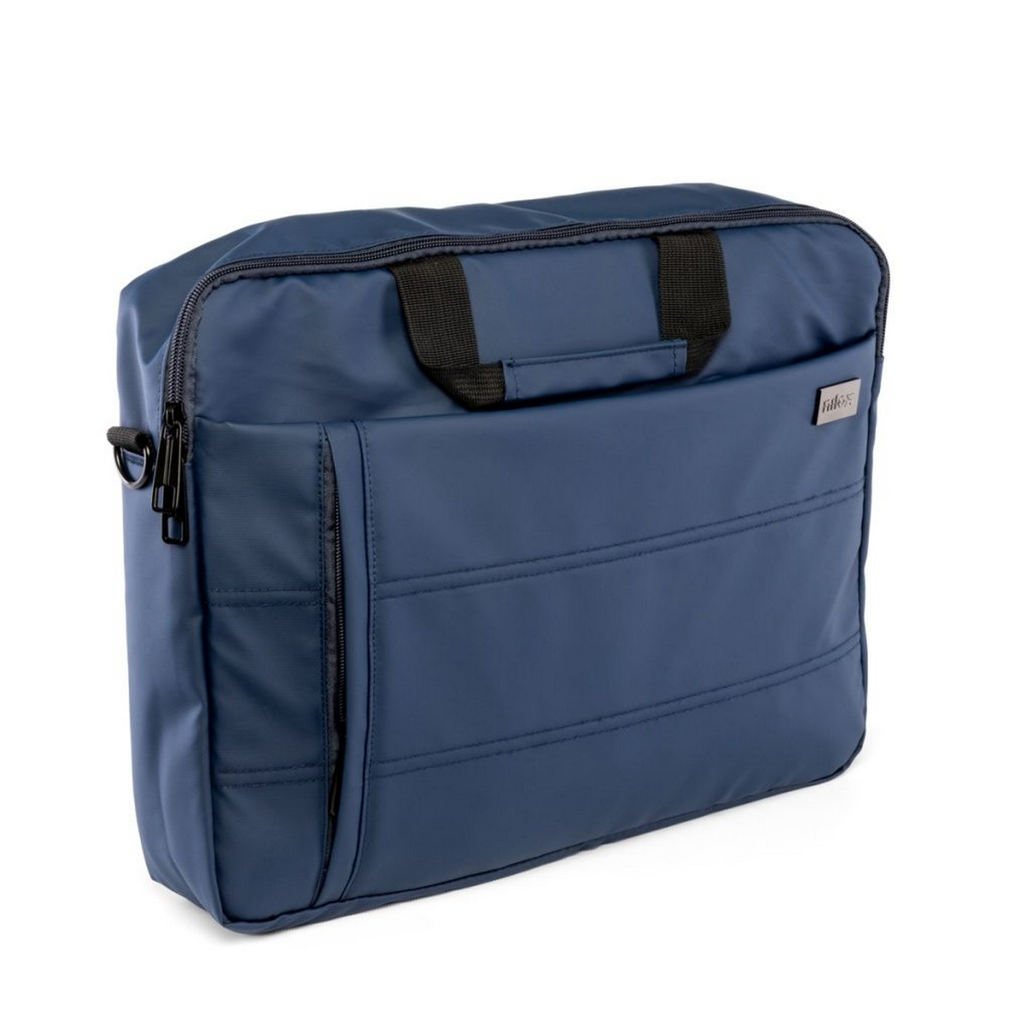 Una bolsa para portátil azul marino con asa y cremallera negra.