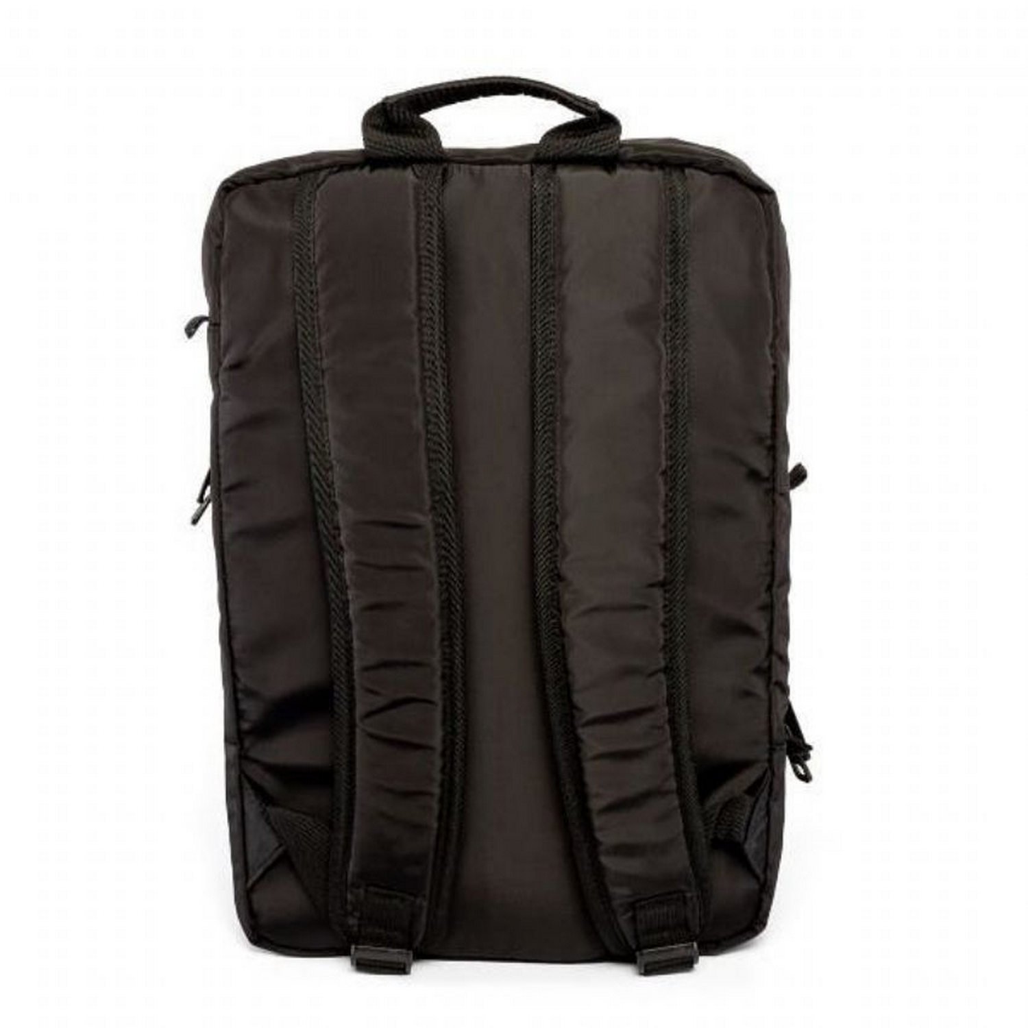 Mochila negra, vista trasera. Muestra correas y forma rectangular.