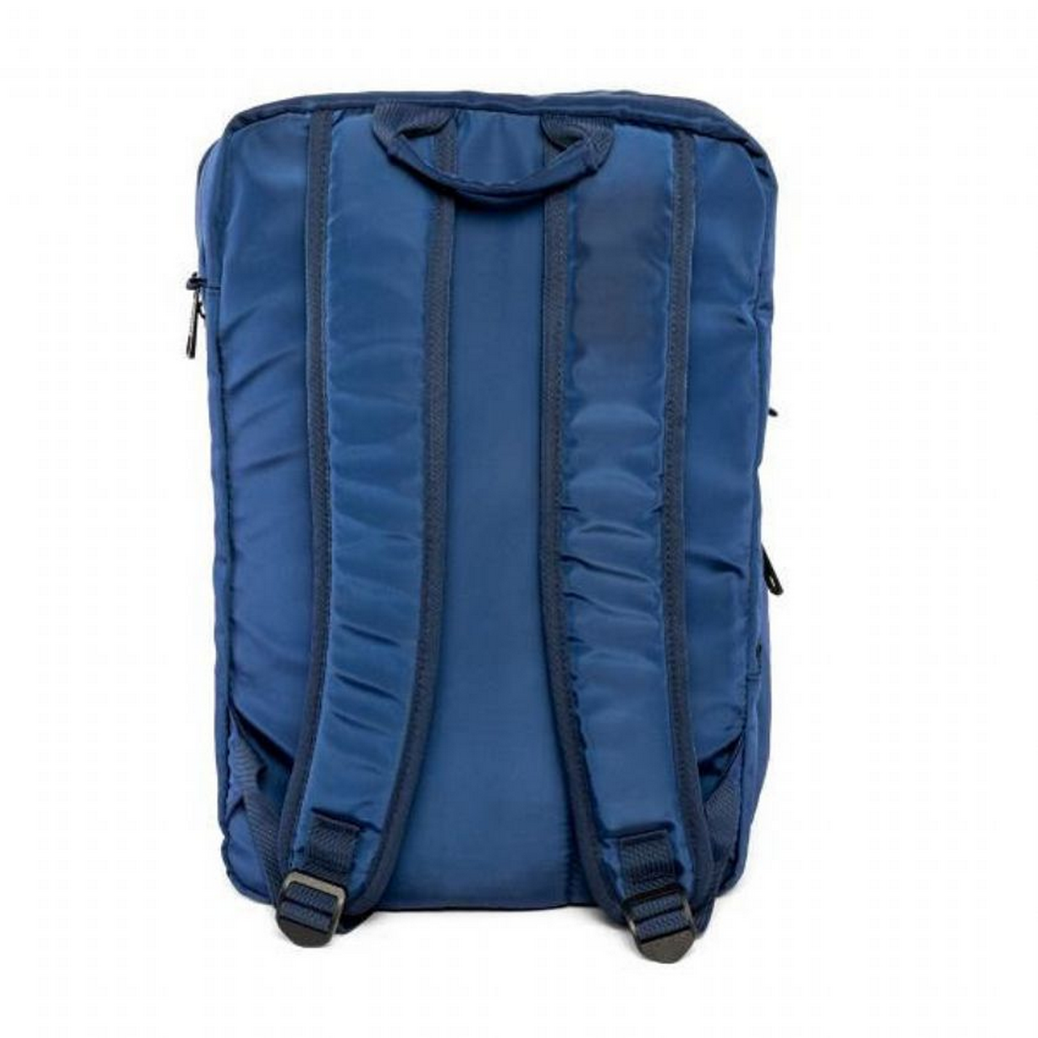 Una mochila azul con dos correas para los hombros. La mochila está vacía y tiene un diseño sencillo.