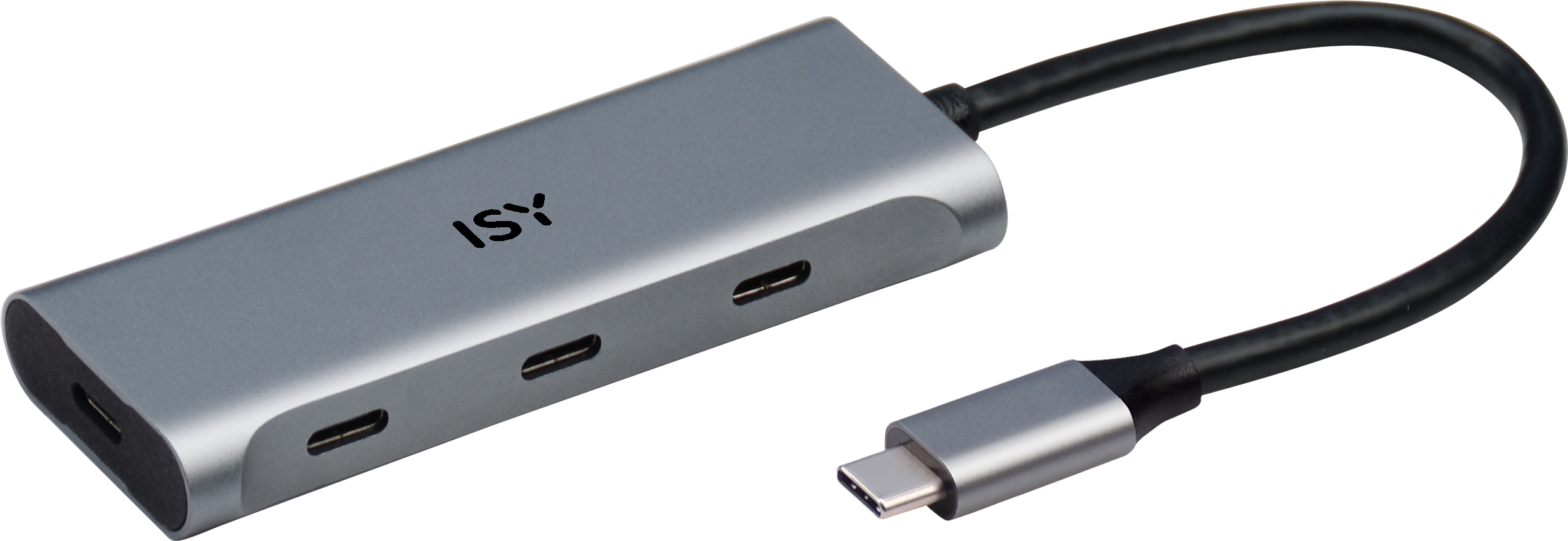 Grauer ISY USB-C-Hub mit mehreren Anschlüssen und schwarzem Kabel.