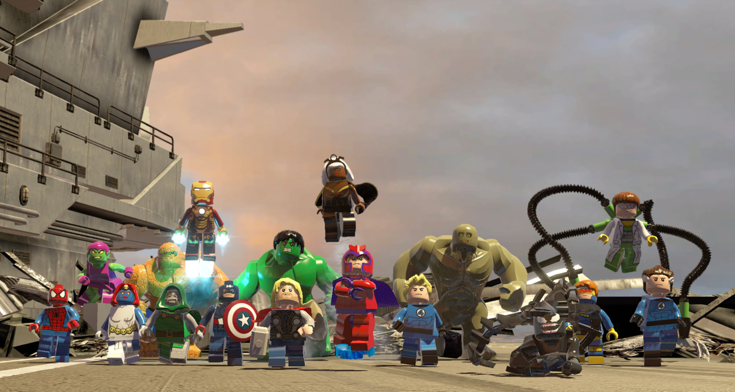 Lego Marvel Charaktere in einer Szene mit grauem Hintergrund. Viele Lego Figuren stehen.