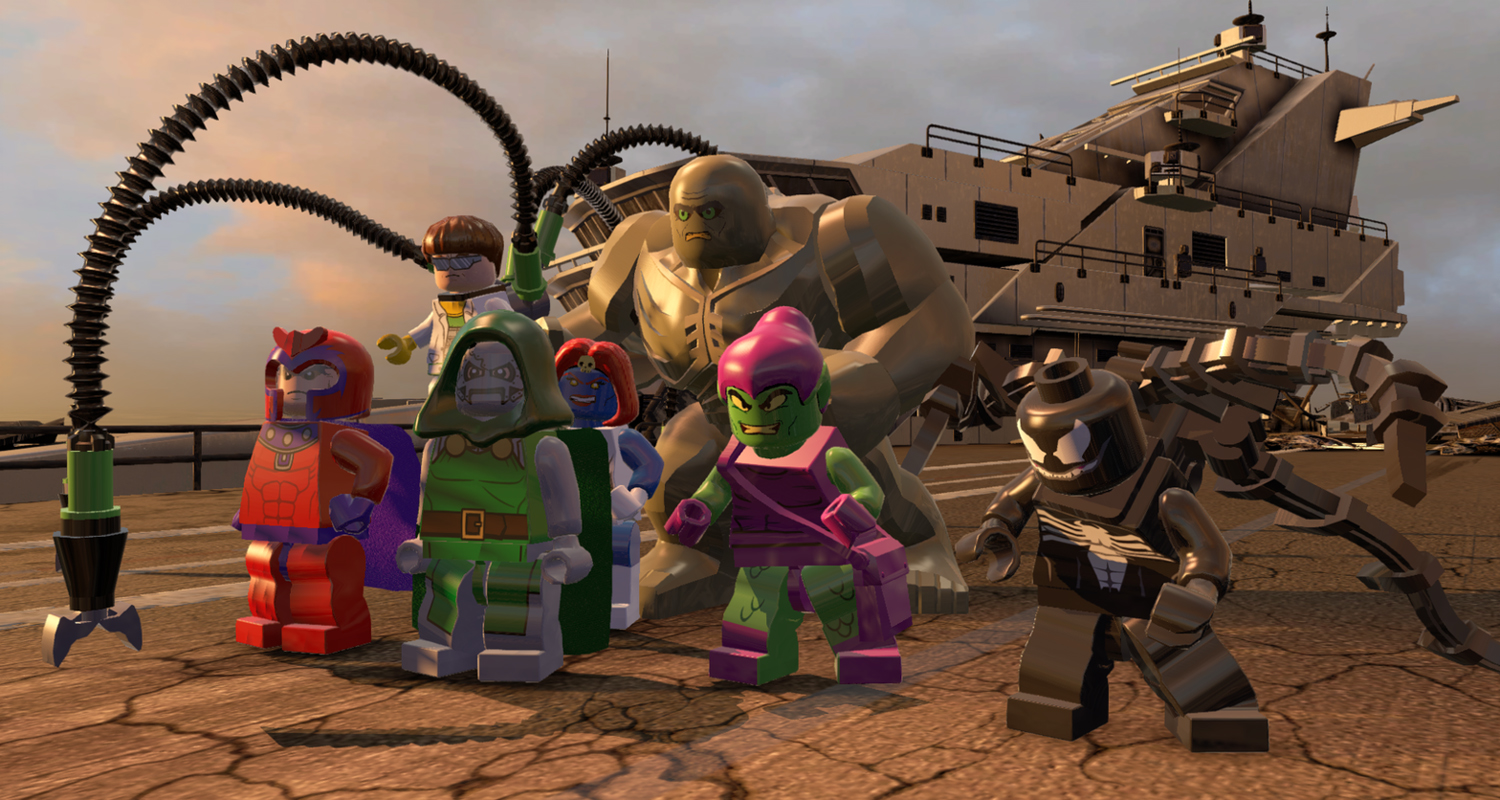 Lego Marvel-Bösewichte auf einer Plattform. Enthält Doctor Octopus, Goblin u.a.