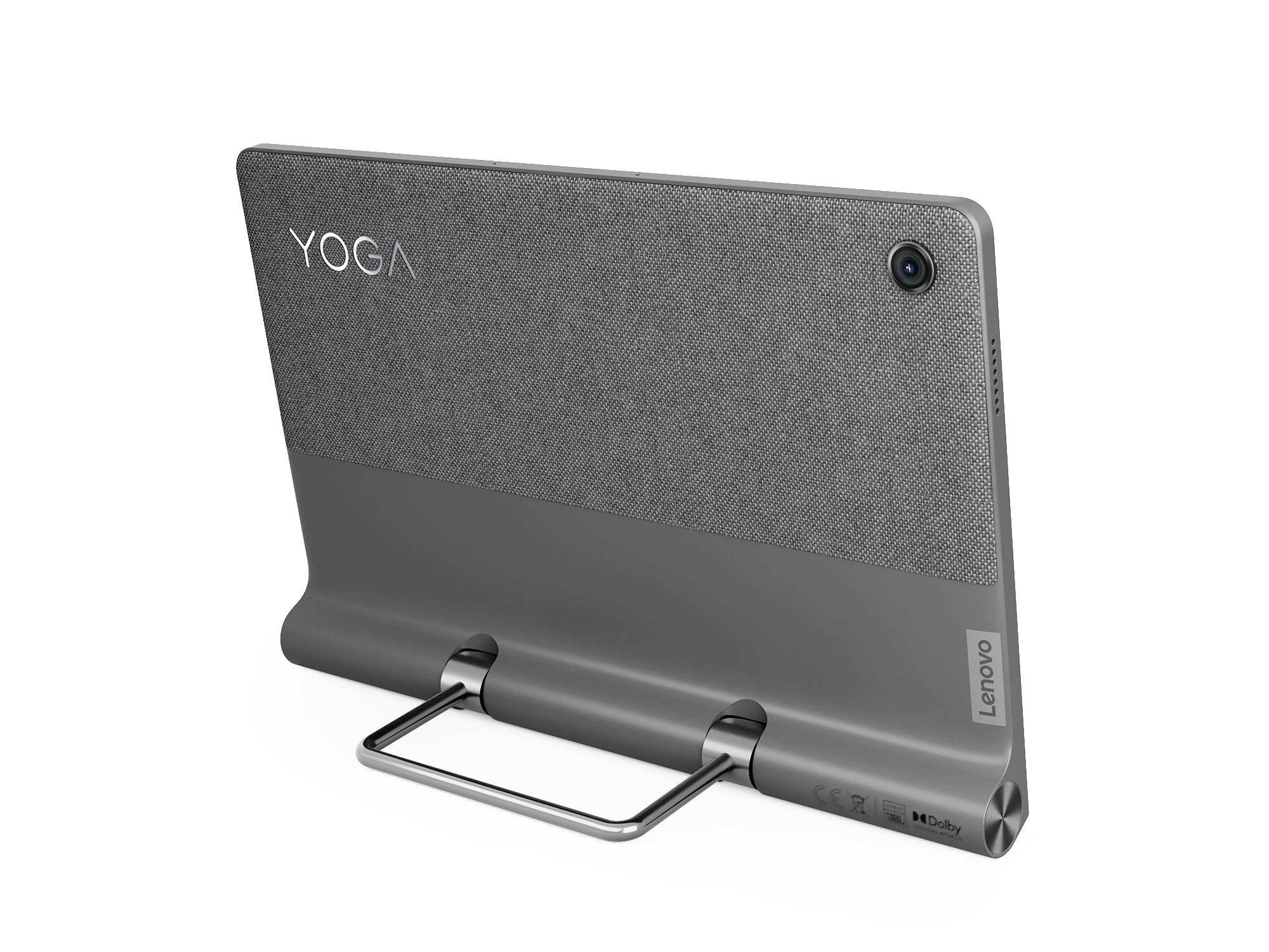 Graues Lenovo Yoga Tablet, abgewinkelt, mit Ständer. Das Tablet steht vor weißem Hintergrund.