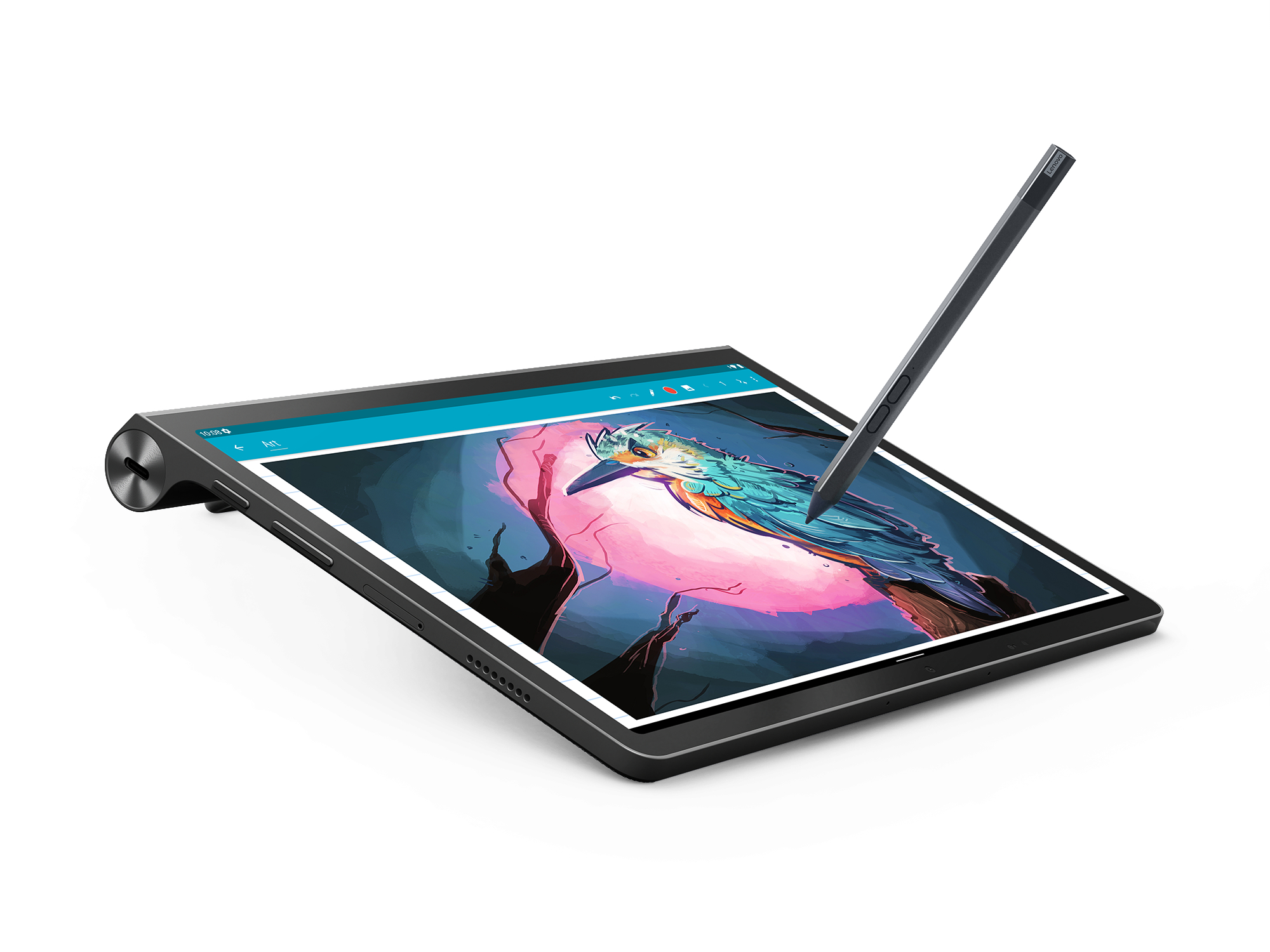 Ein Tablet mit einem Stift darüber, das ein buntes Vogelbild zeigt, auf weißem Hintergrund.