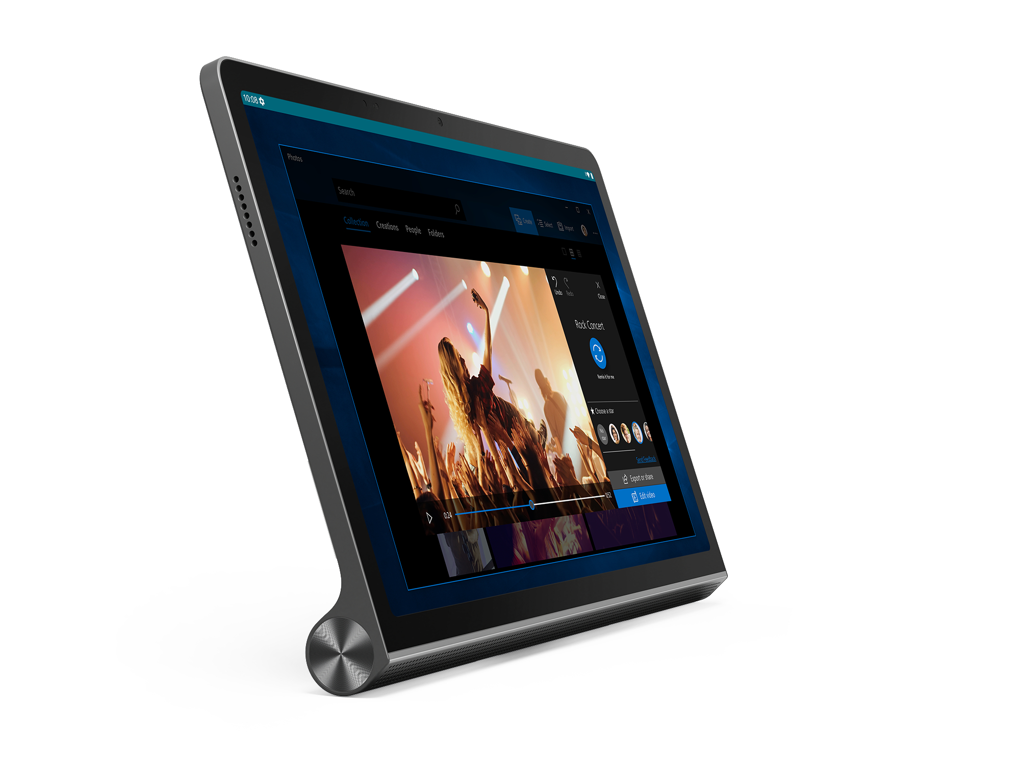 Tablet auf Ständer, das ein Konzertvideo mit Seitentasten zeigt.