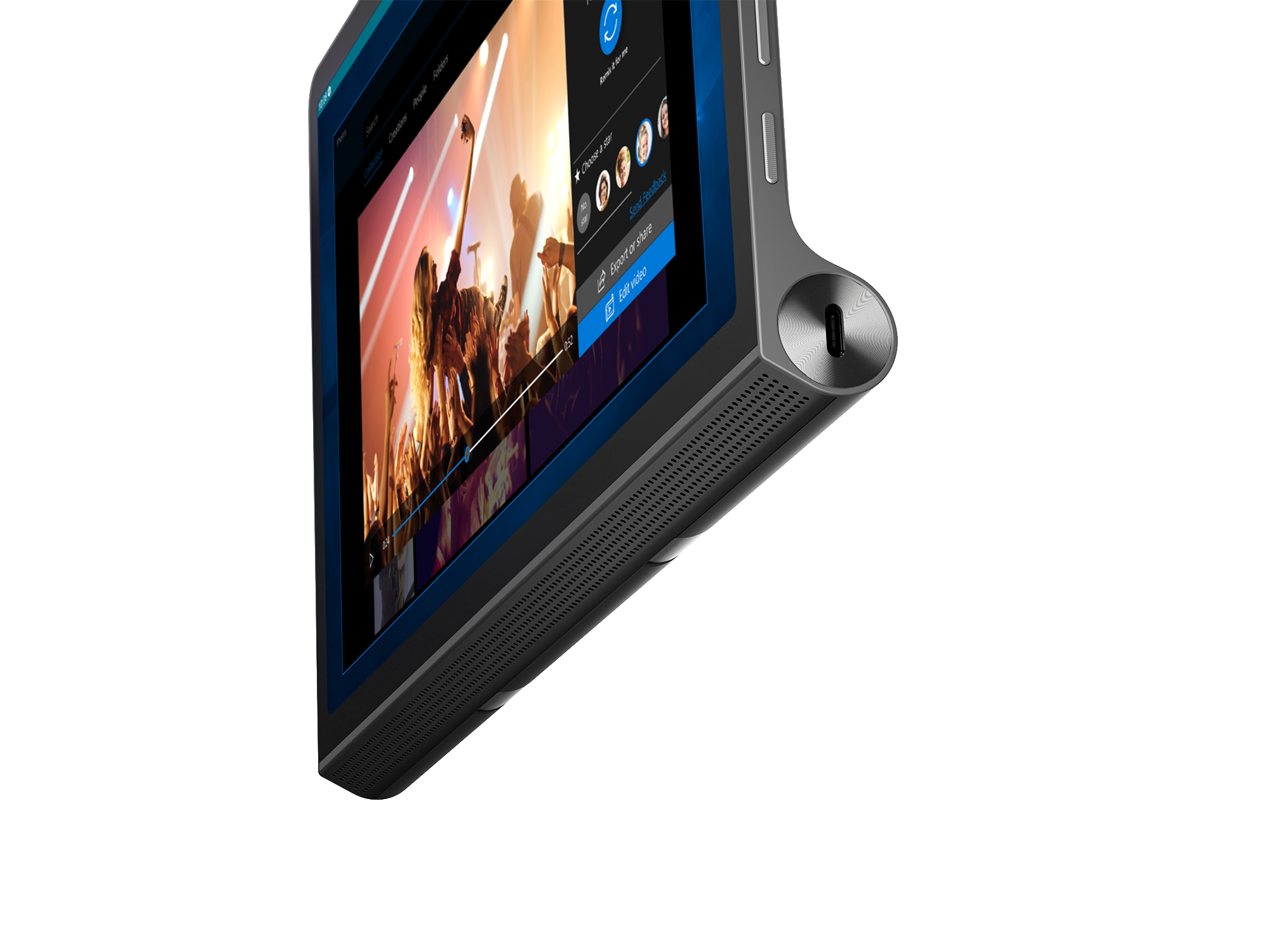 Tablet mit Videoanruf-Oberfläche mit Personen, weißer Hintergrund.
