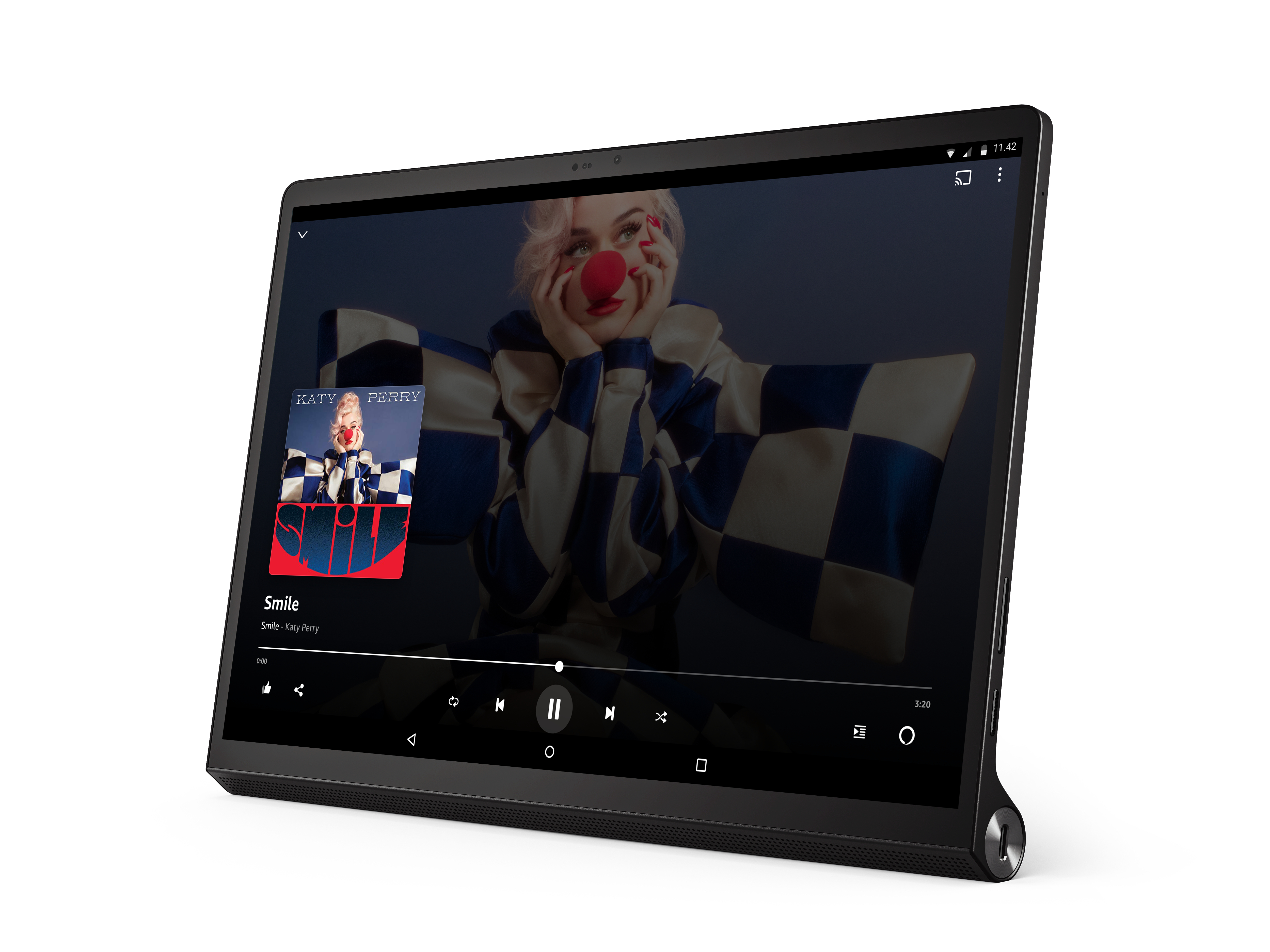 Ein Lenovo-Tablet zeigt ein Katy Perry-Albumcover an. Der Bildschirm zeigt Wiedergabesteuerungen.
