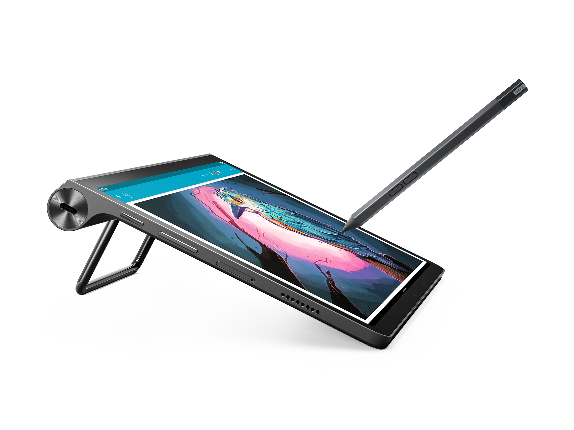 Schwarzes Tablet mit Stift, lehnt an einem Ständer, weißer Hintergrund.