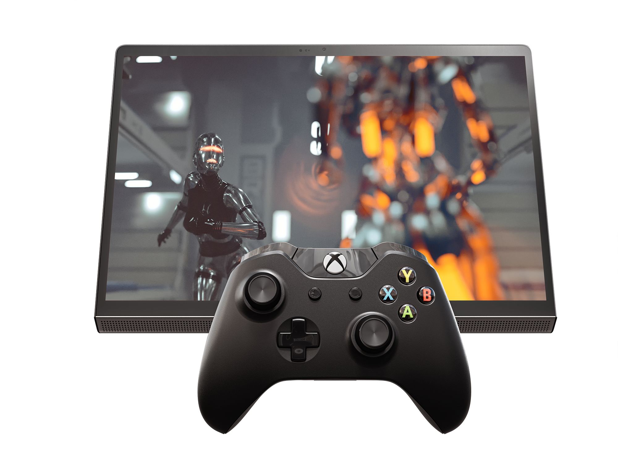 Xbox-Controller vor einem Bildschirm, der einen Roboter und eine Spielszene zeigt.