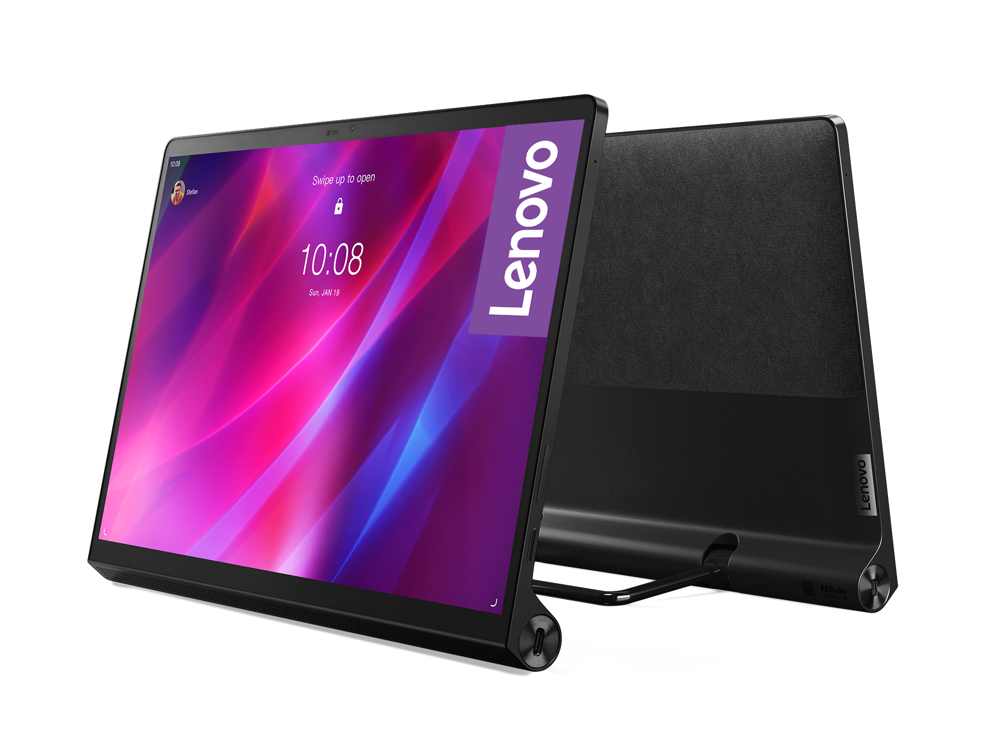 Schwarzes Lenovo Tablet mit schwarzem Ständer, Bildschirm an.